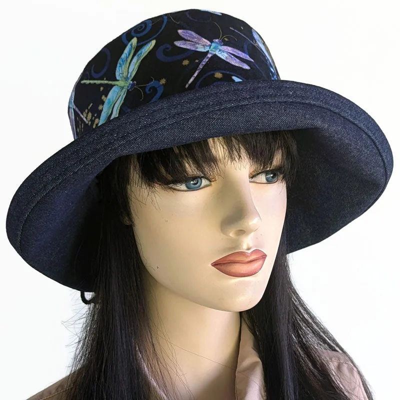 106-a Sunblocker UV summer sun hat with large wide brim featuring dragonfly print in navy