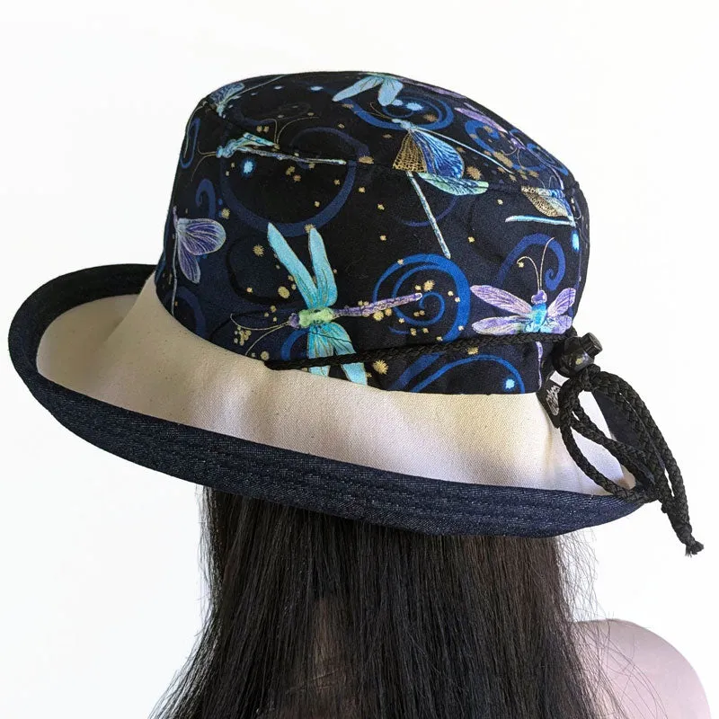 106-a Sunblocker UV summer sun hat with large wide brim featuring dragonfly print in navy