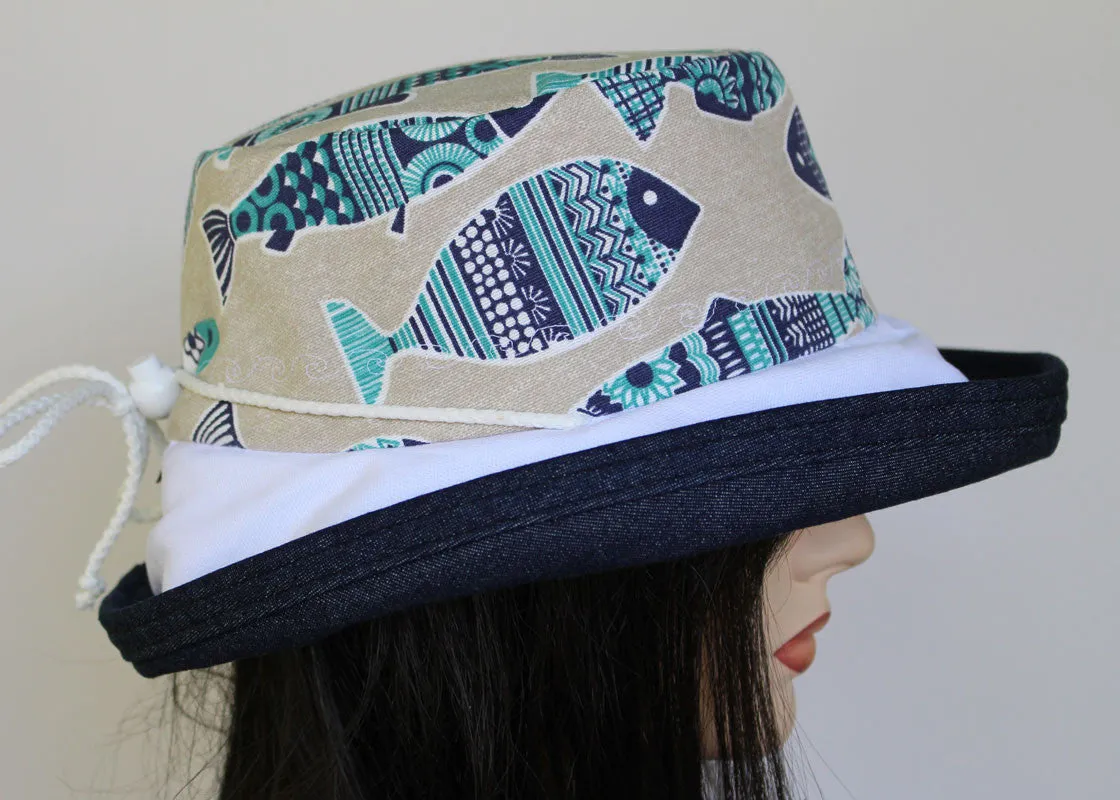 131 Sunblocker UV summer hat sun hat with large wide brim featuring lovely Portugal sardines print