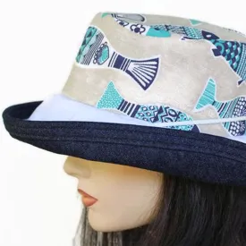 131 Sunblocker UV summer hat sun hat with large wide brim featuring lovely Portugal sardines print