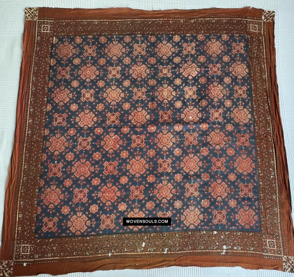 1865 Antique Cotton Indigo Block Printed Square Textile