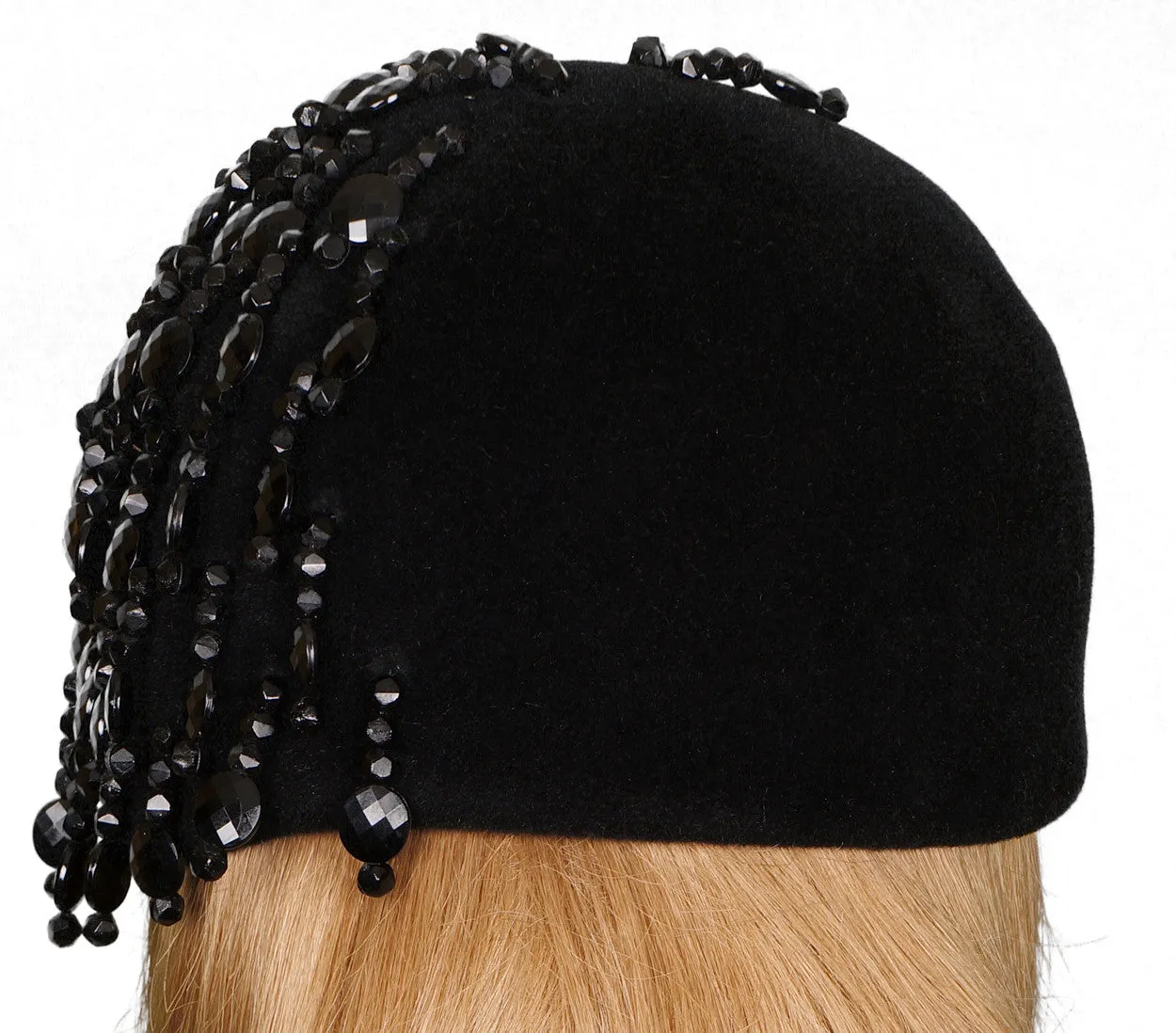 1960s Cloche Hat with Crystal Beads, Black Felt