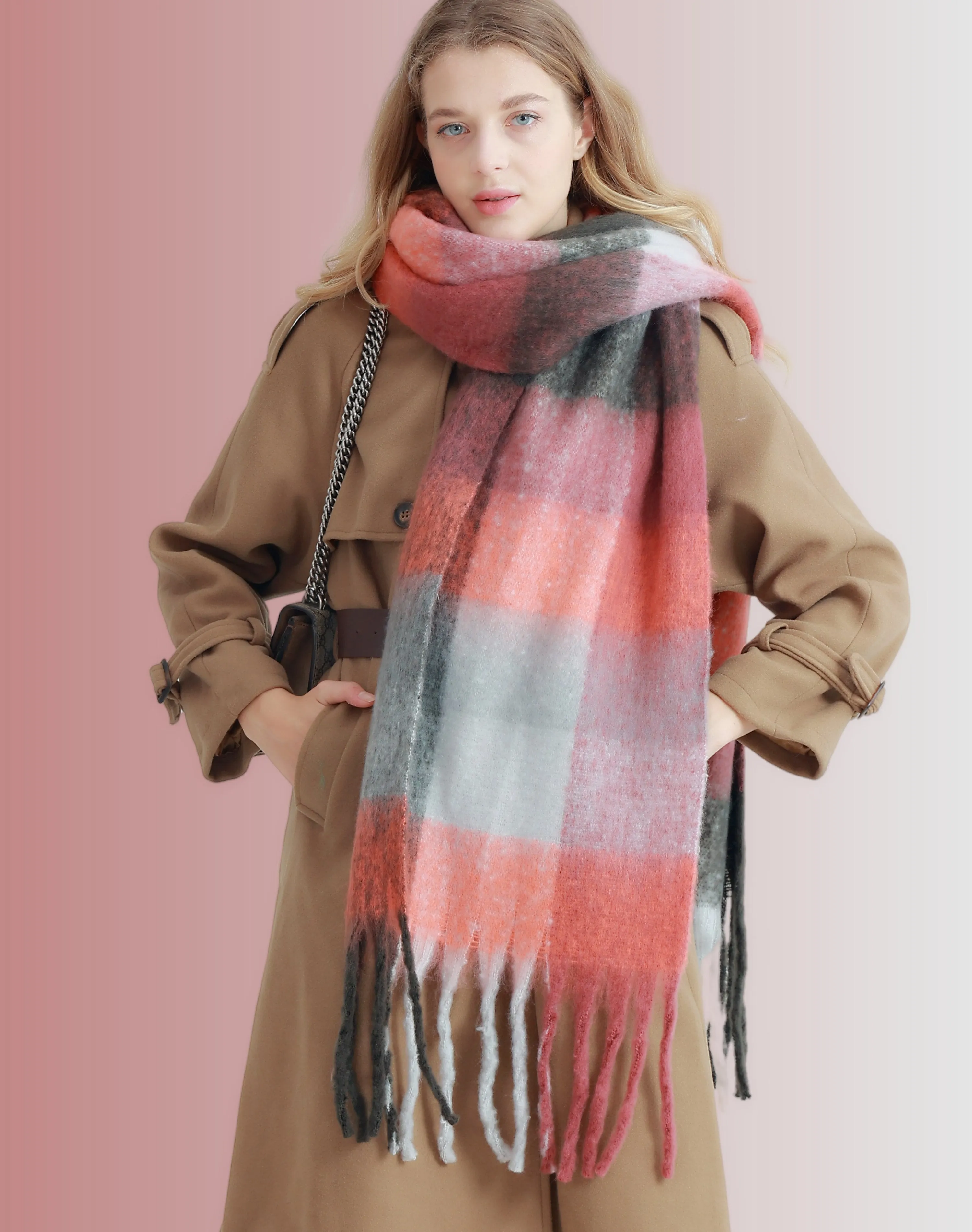 27 Colors-JC023301 Plaid Long Fringe Cozy Fuzzy Scarf