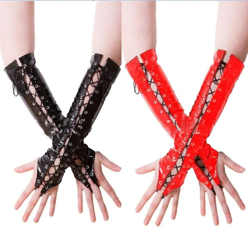 Black and Red Faux Leather Dominatrix Long Lace-up Gloves