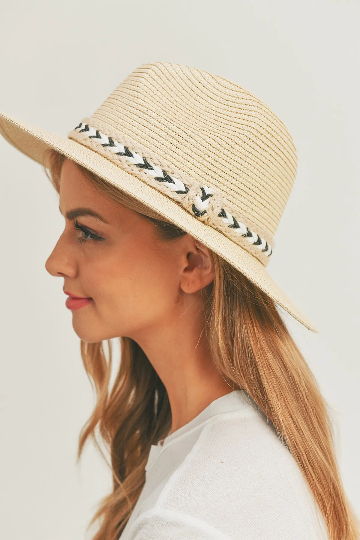 BLACK AND WHITE BRAIDED JUTE BAND PANAMA HAT