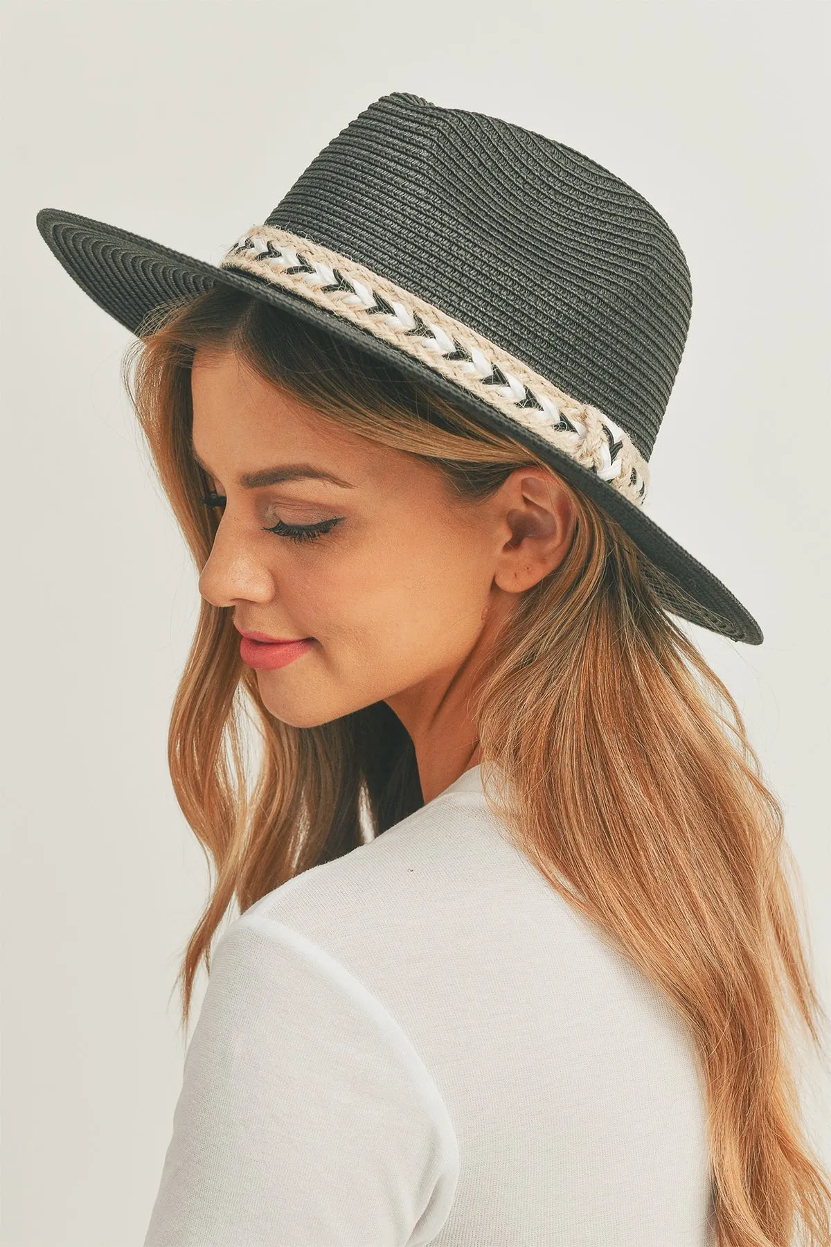 BLACK AND WHITE BRAIDED JUTE BAND PANAMA HAT