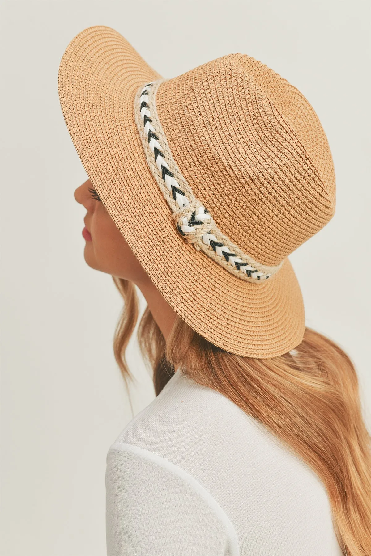 BLACK AND WHITE BRAIDED JUTE BAND PANAMA HAT