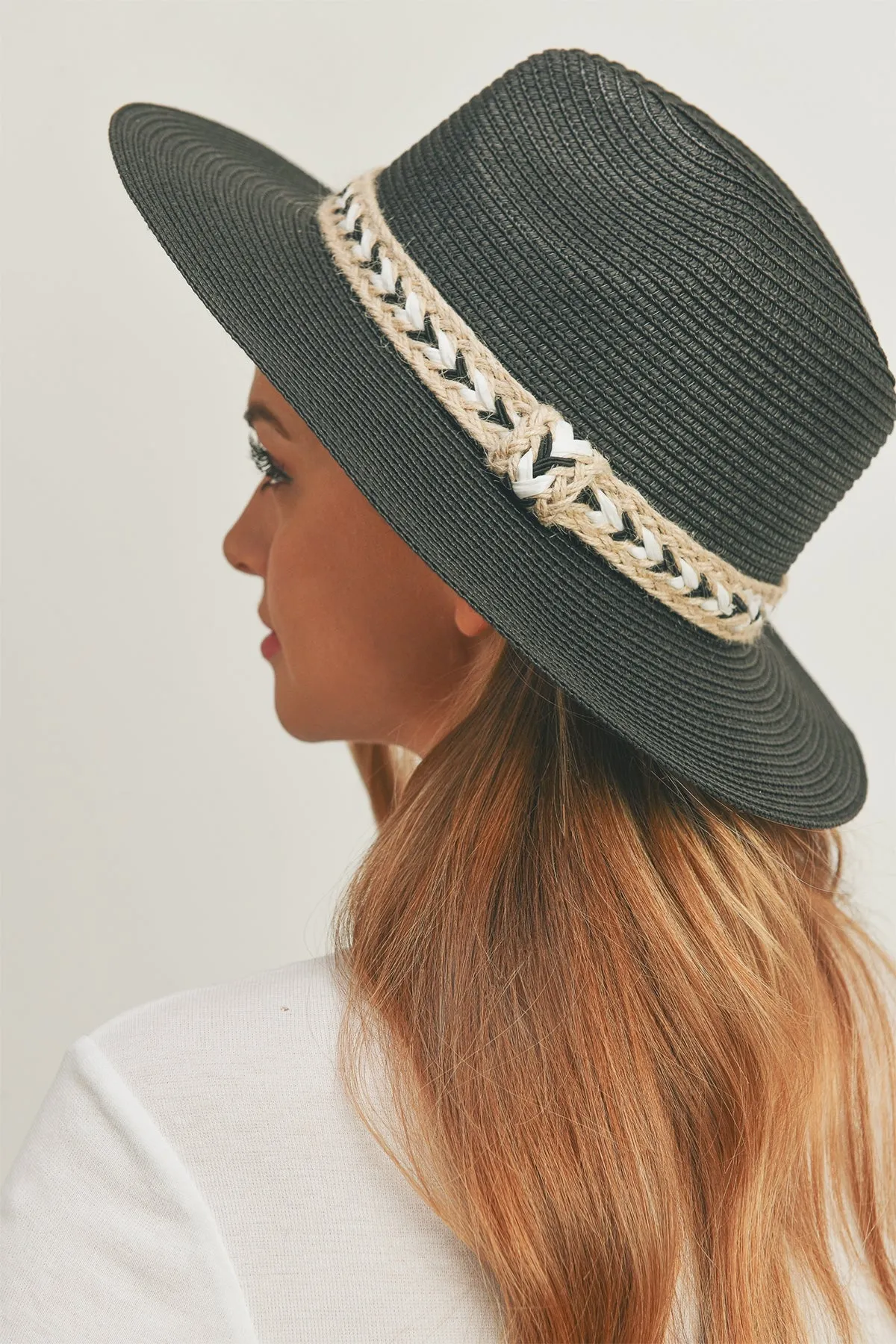 BLACK AND WHITE BRAIDED JUTE BAND PANAMA HAT