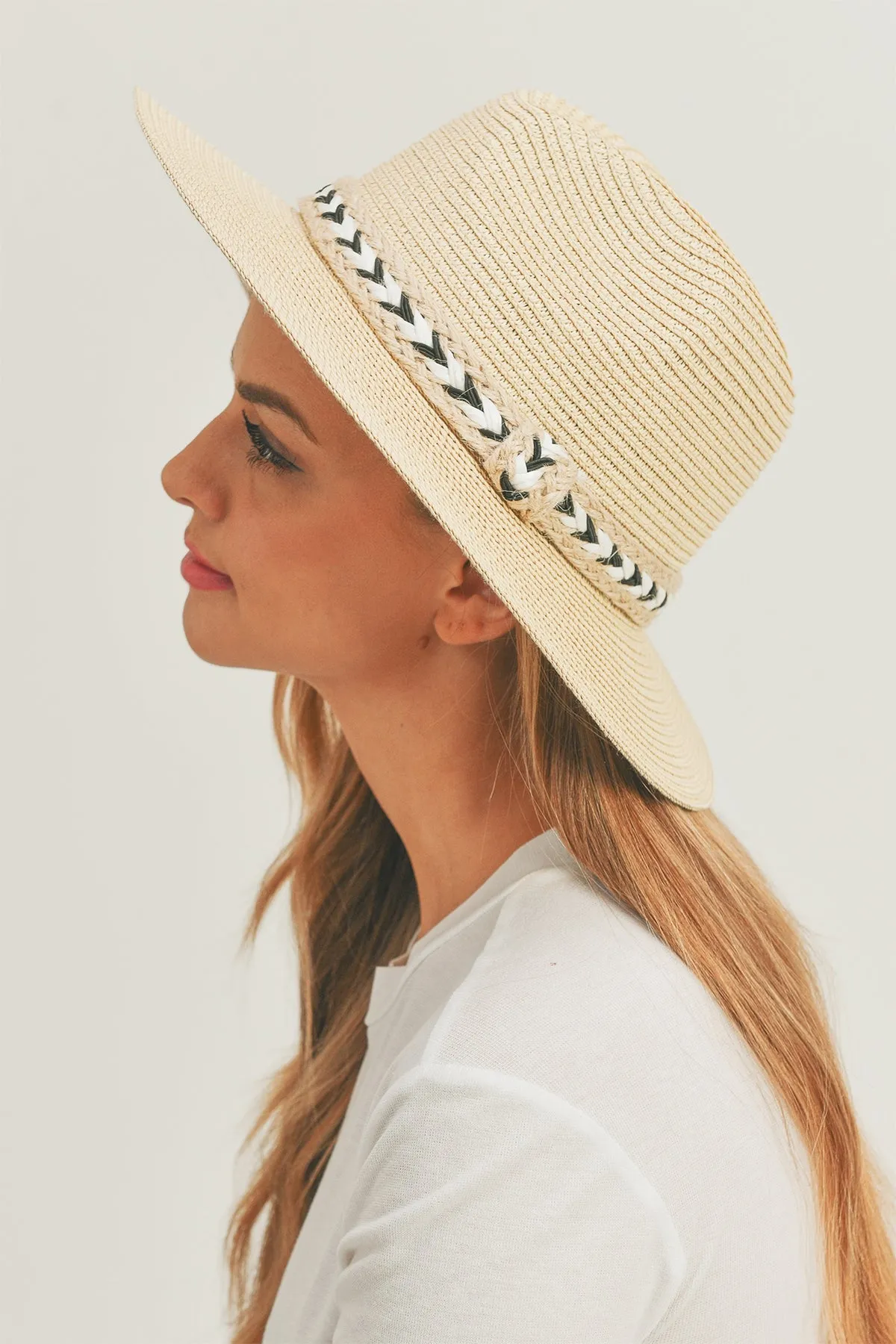 BLACK AND WHITE BRAIDED JUTE BAND PANAMA HAT