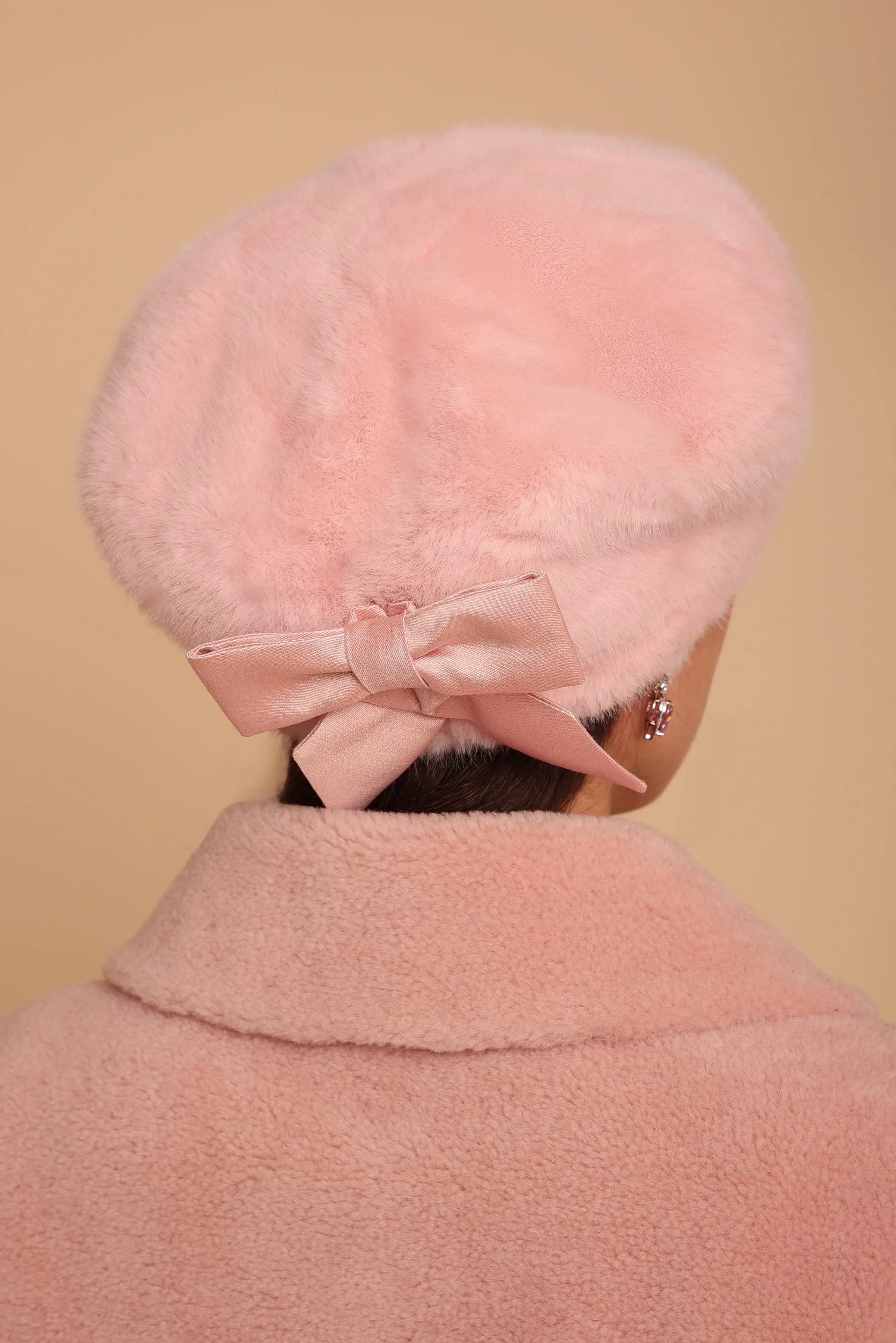 'Brigitte' Faux Fur Hat with Silk Bow in Rosa