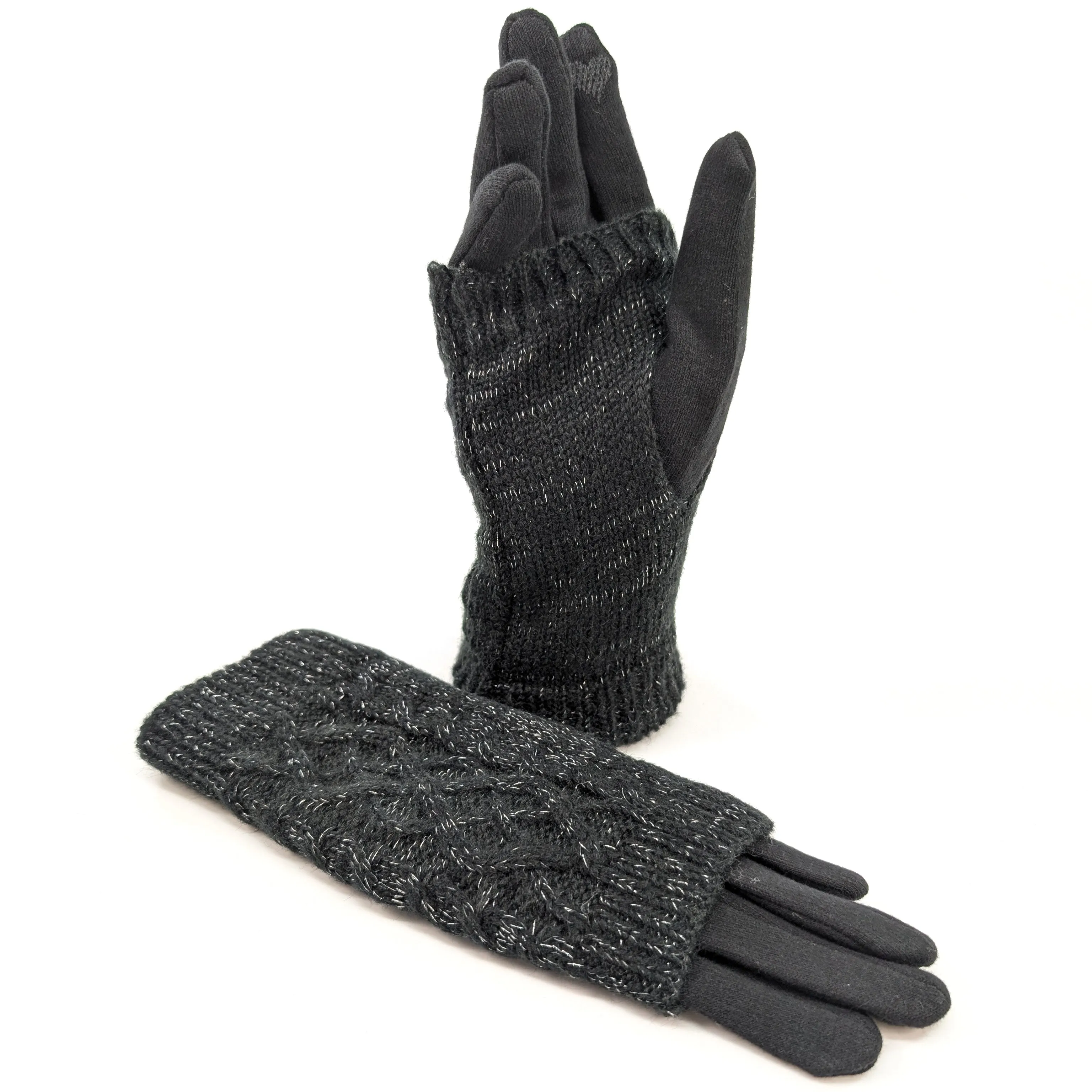 Cable Knit Two in One Sparkle Gloves - Black