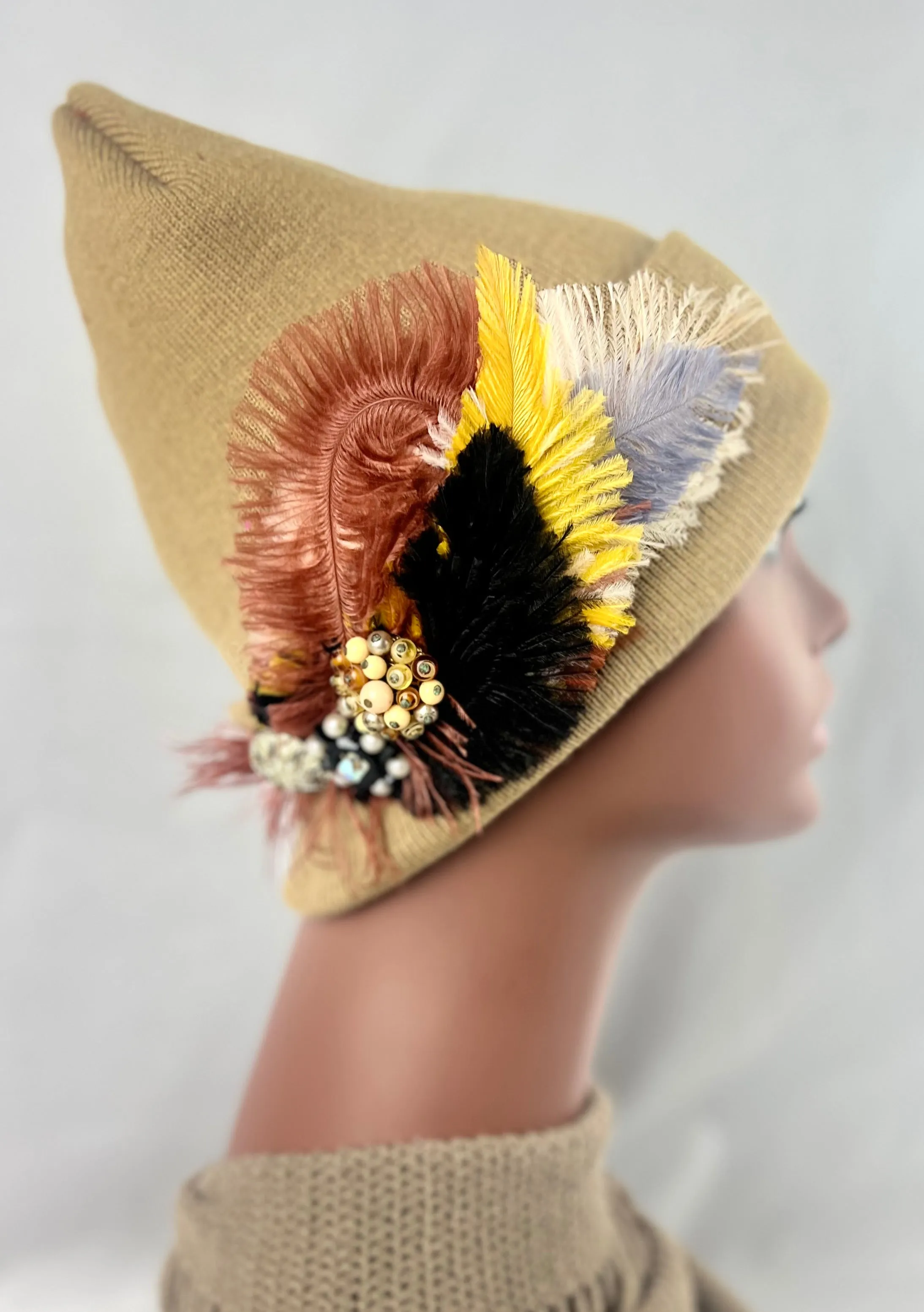 CAMEL COLLECTION - Embellished Feathered & Vintage Jeweled Knit Hats