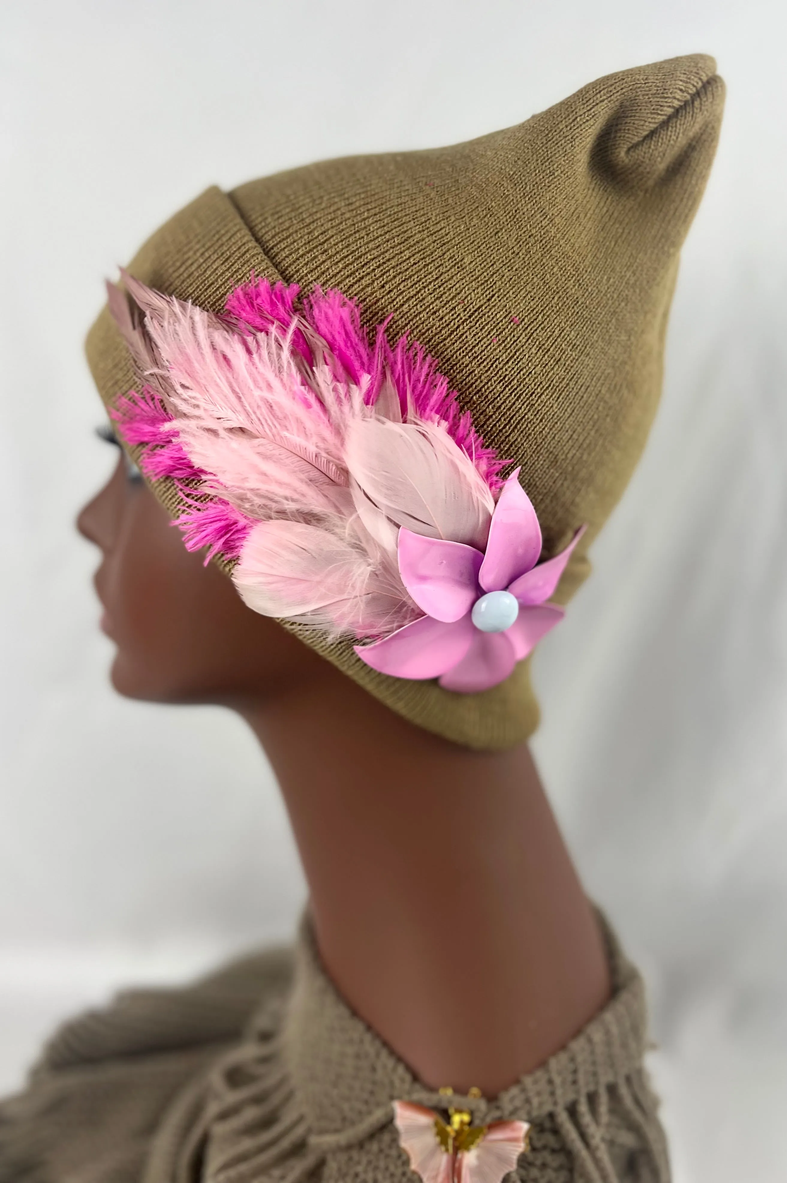 CAMEL COLLECTION - Embellished Feathered & Vintage Jeweled Knit Hats