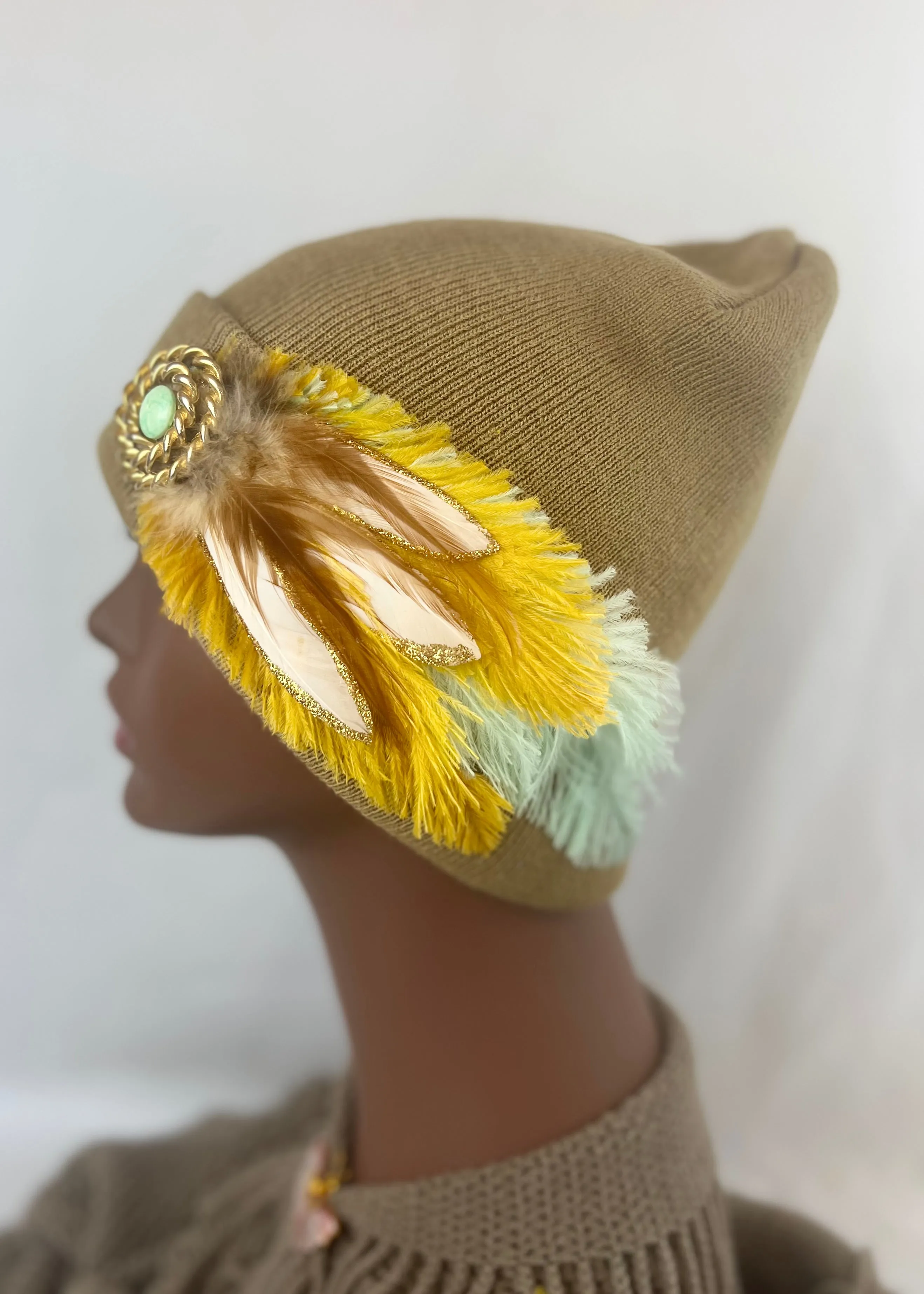 CAMEL COLLECTION - Embellished Feathered & Vintage Jeweled Knit Hats