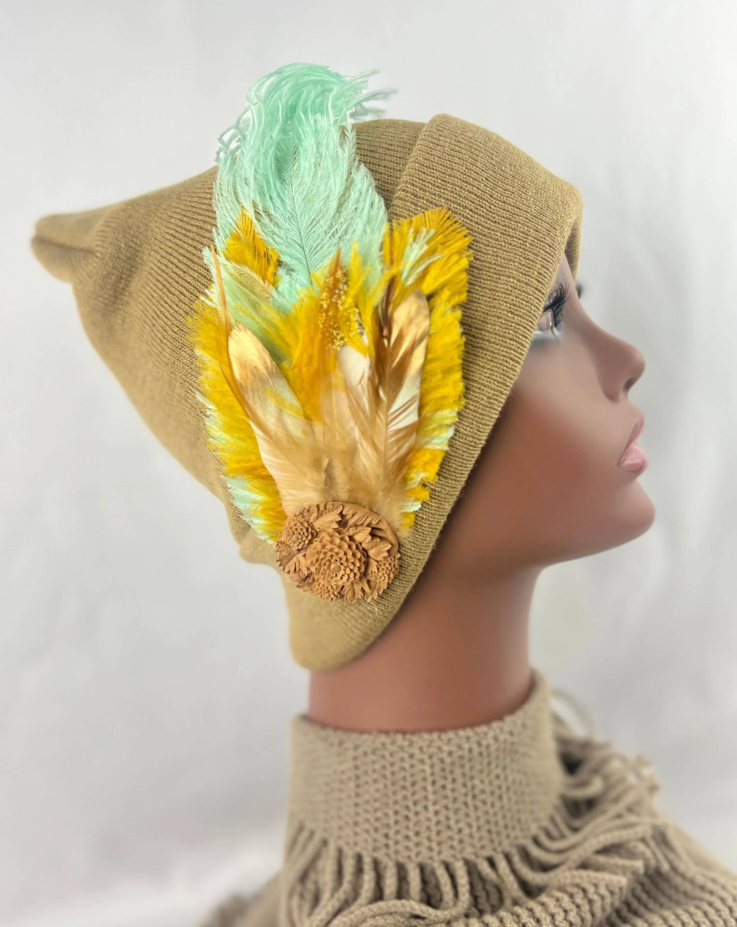 CAMEL COLLECTION - Embellished Feathered & Vintage Jeweled Knit Hats