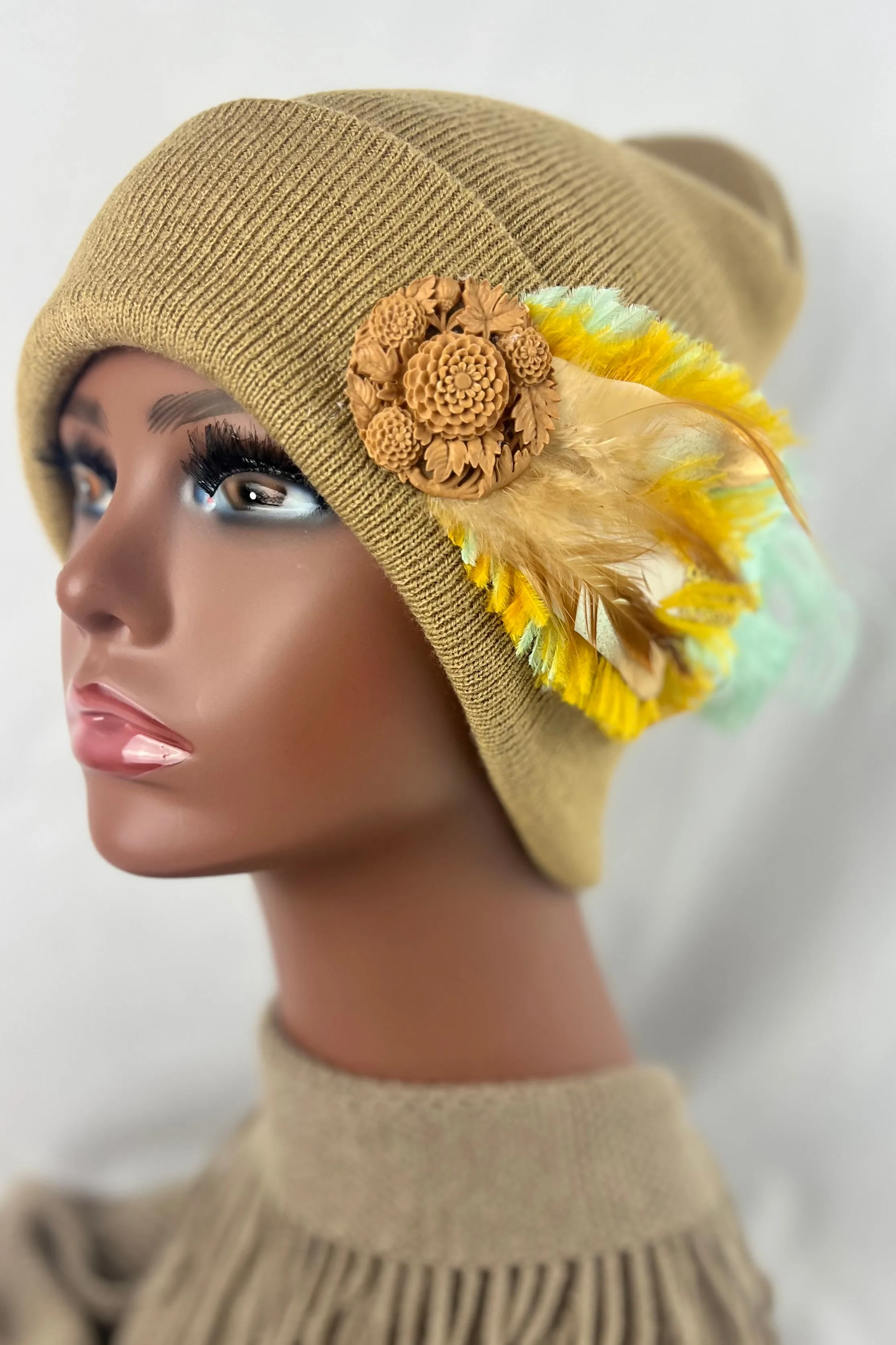 CAMEL COLLECTION - Embellished Feathered & Vintage Jeweled Knit Hats