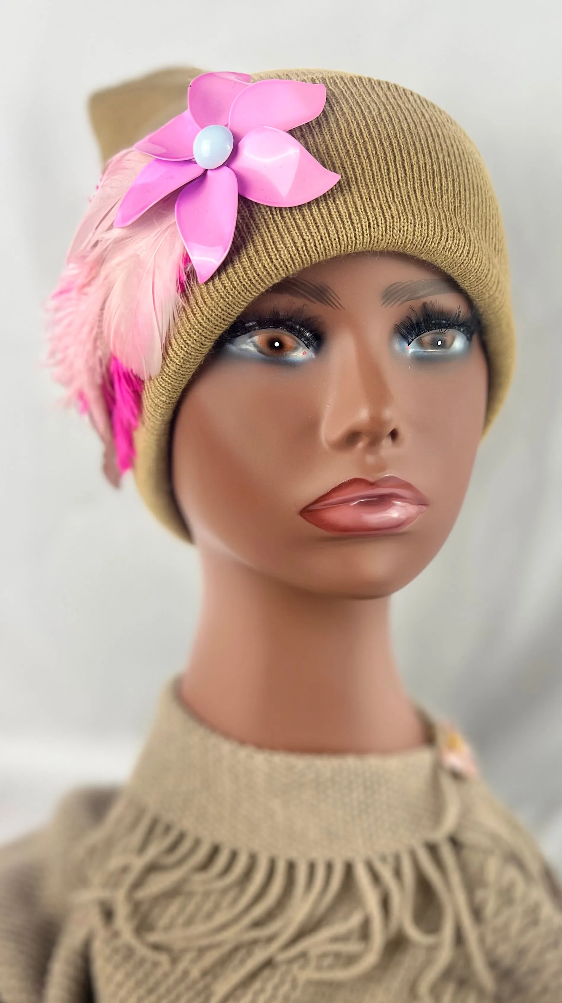 CAMEL COLLECTION - Embellished Feathered & Vintage Jeweled Knit Hats