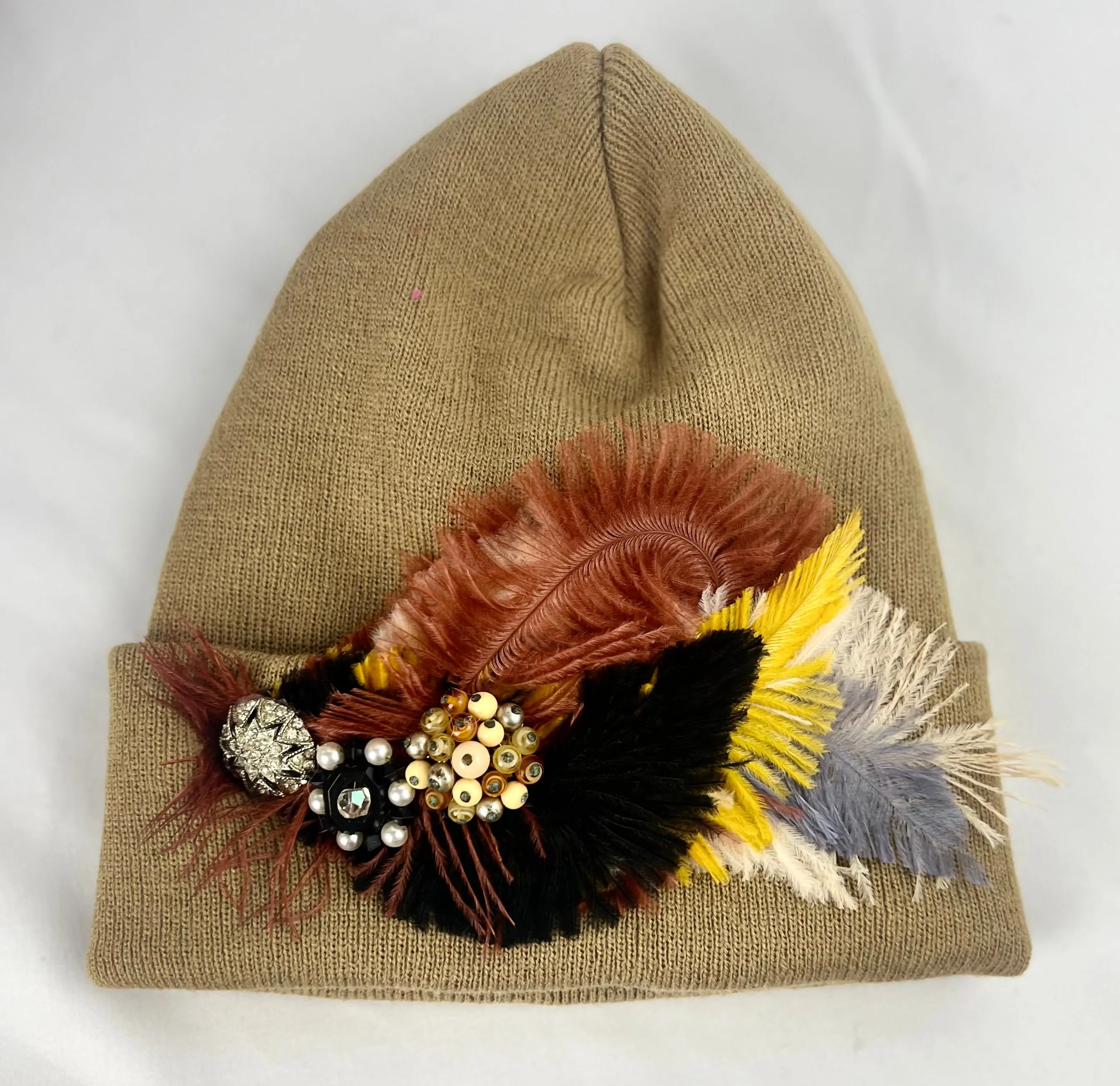 CAMEL COLLECTION - Embellished Feathered & Vintage Jeweled Knit Hats