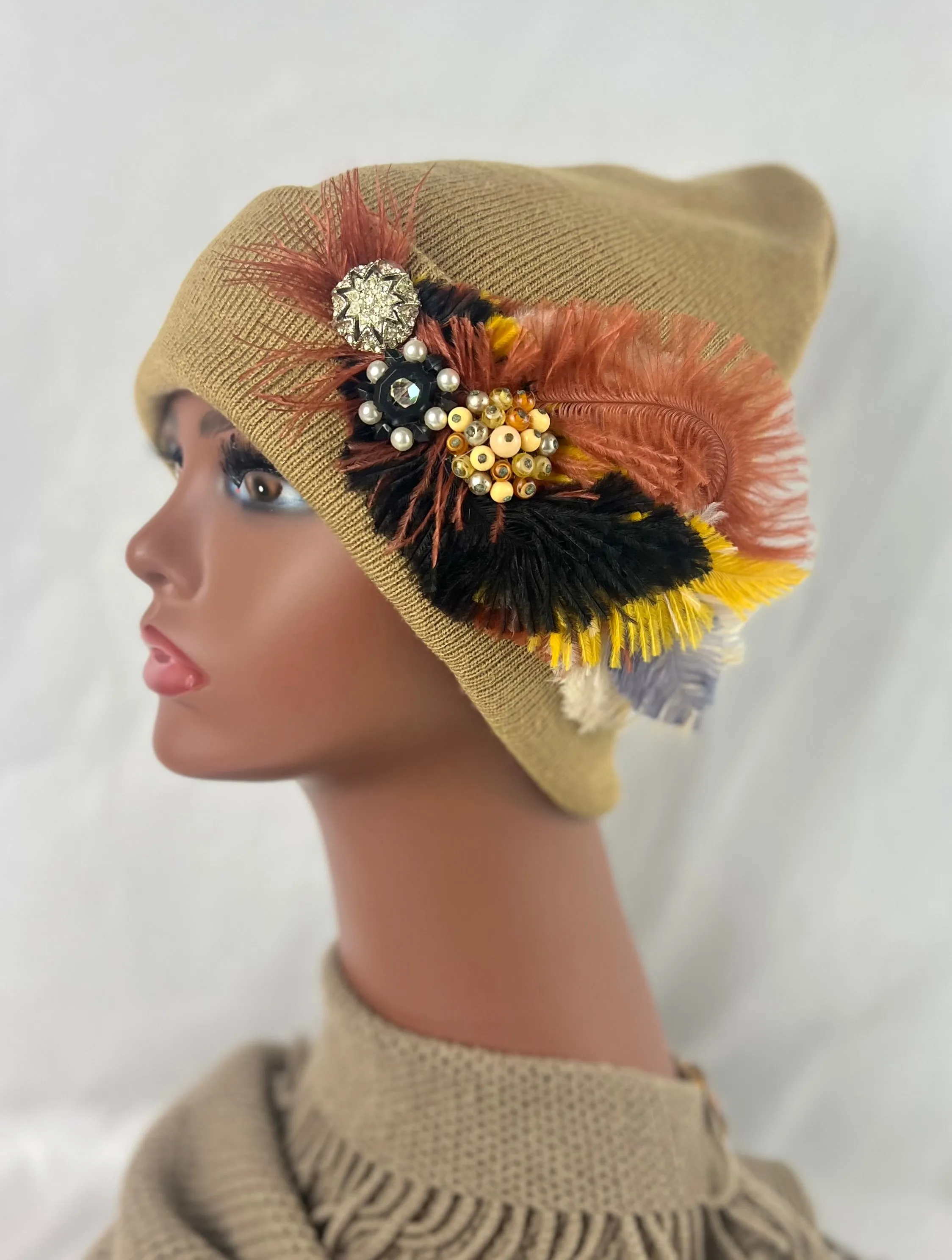 CAMEL COLLECTION - Embellished Feathered & Vintage Jeweled Knit Hats