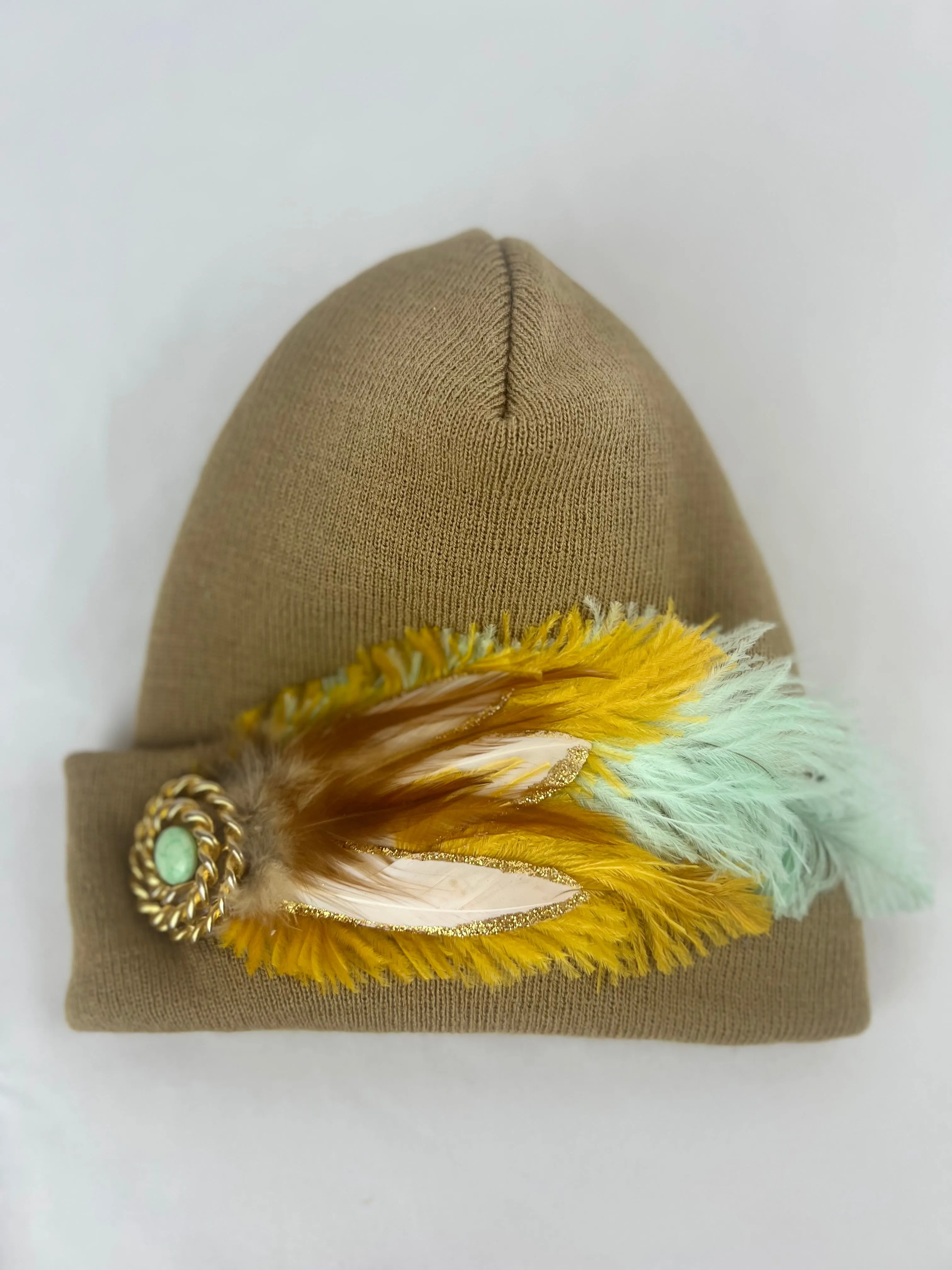 CAMEL COLLECTION - Embellished Feathered & Vintage Jeweled Knit Hats