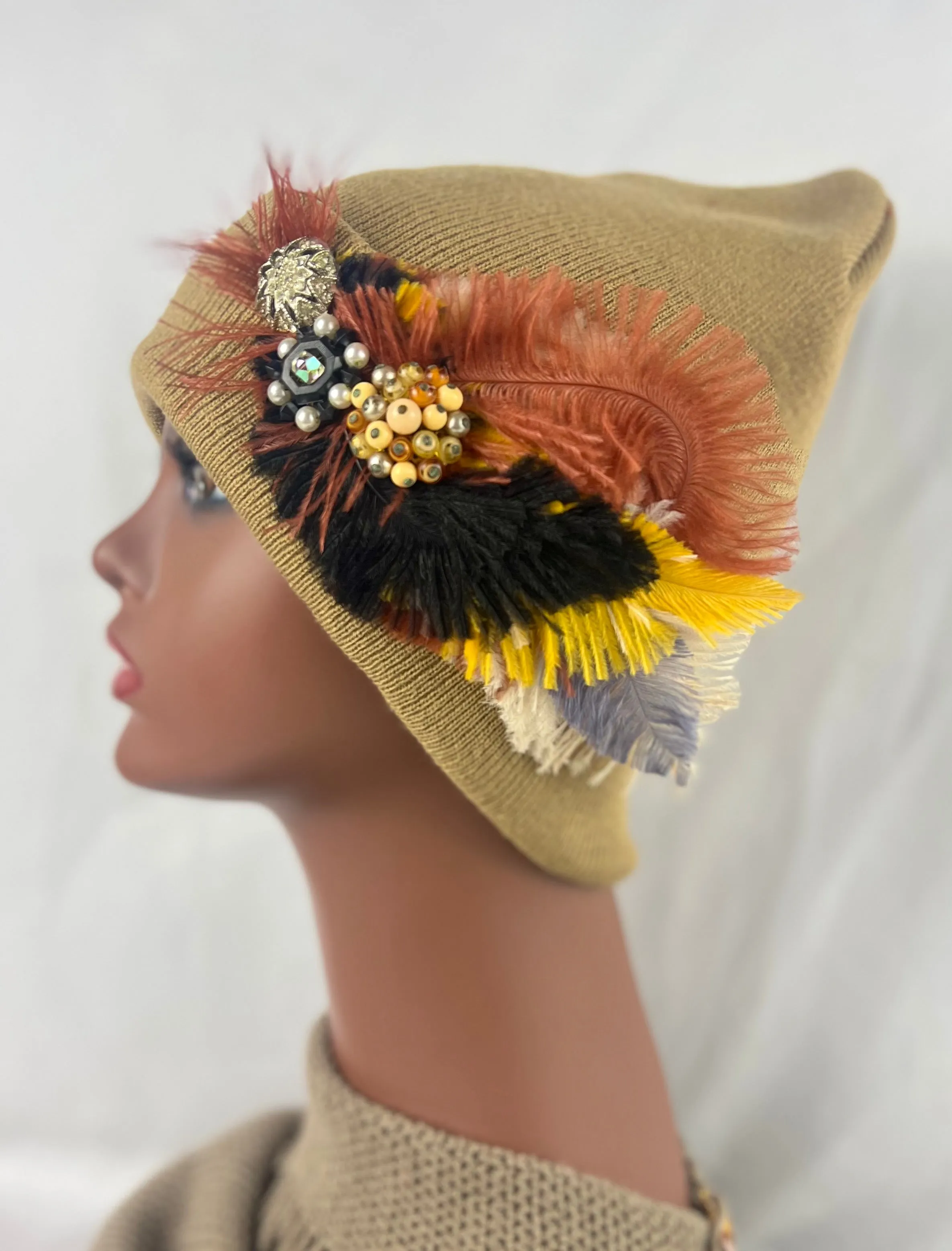 CAMEL COLLECTION - Embellished Feathered & Vintage Jeweled Knit Hats