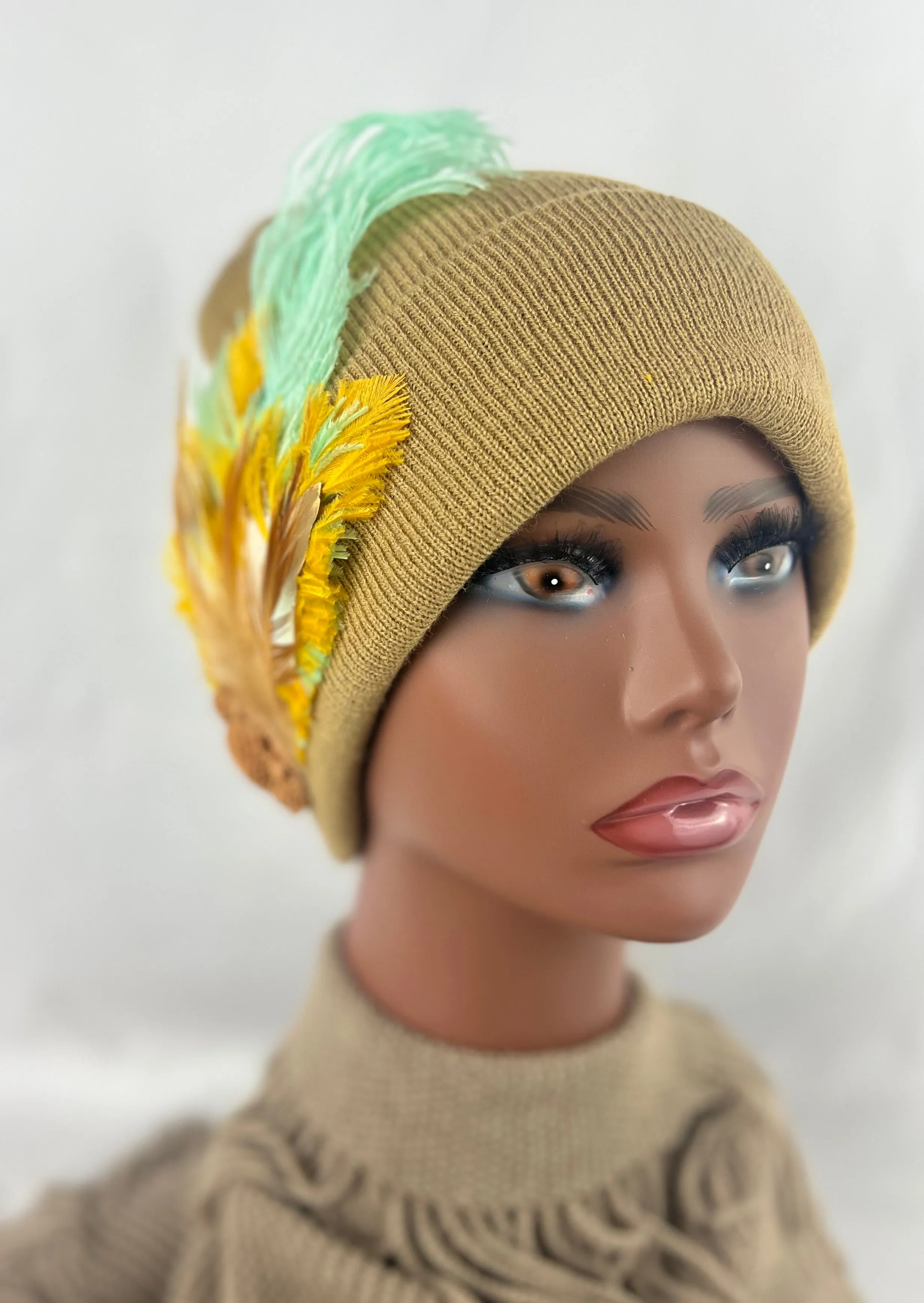 CAMEL COLLECTION - Embellished Feathered & Vintage Jeweled Knit Hats