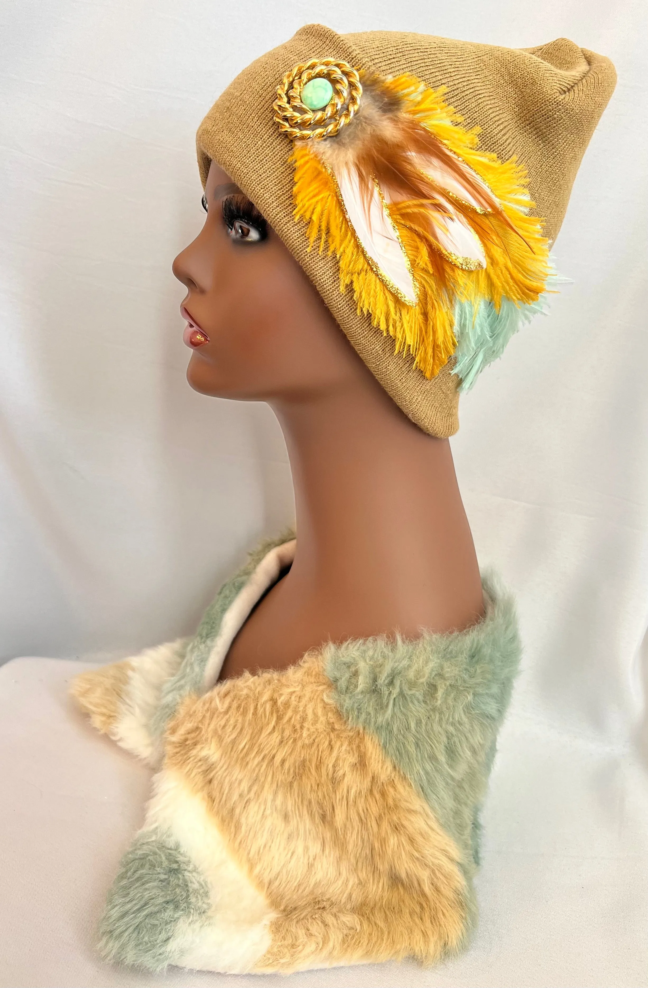 CAMEL COLLECTION - Embellished Feathered & Vintage Jeweled Knit Hats