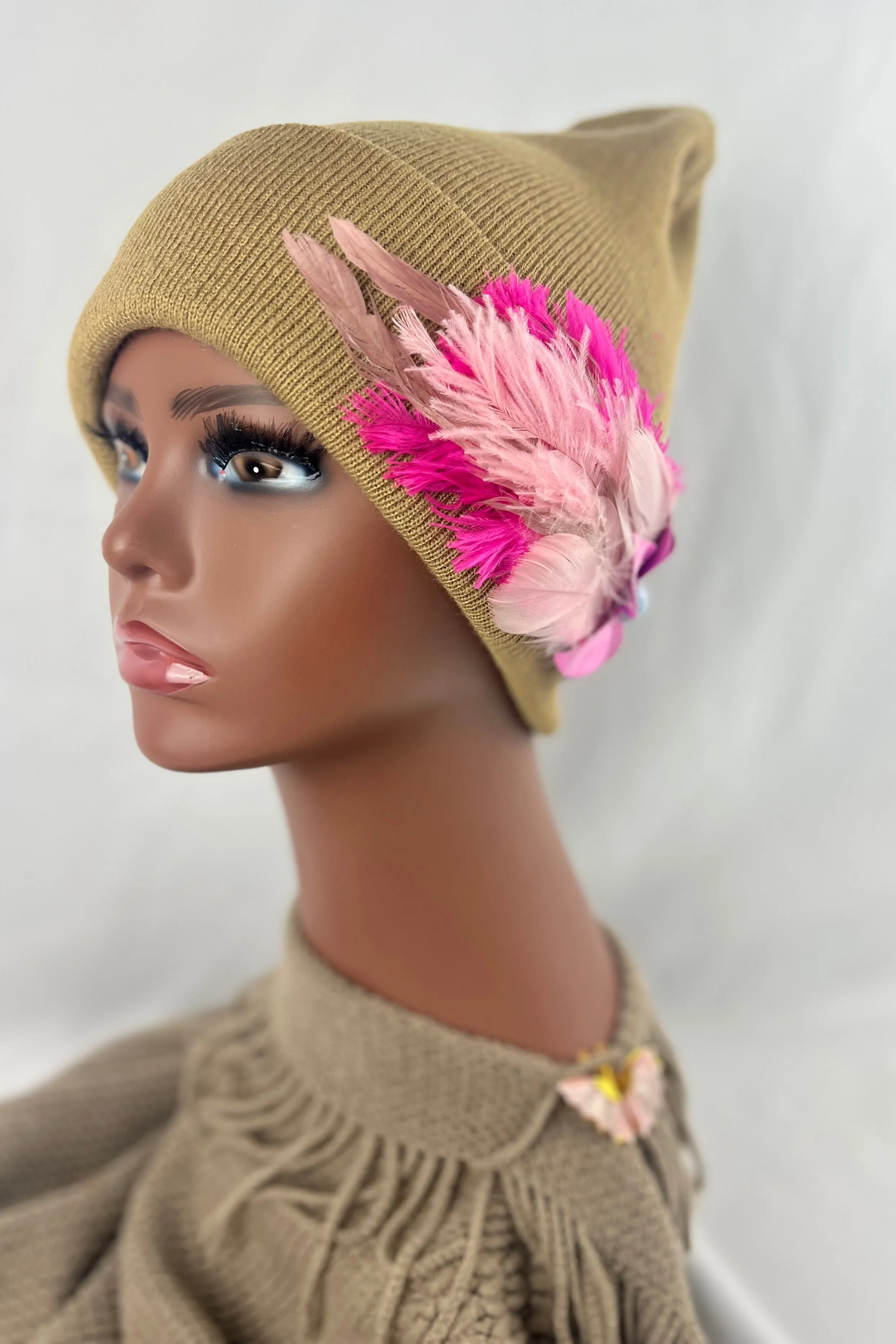 CAMEL COLLECTION - Embellished Feathered & Vintage Jeweled Knit Hats