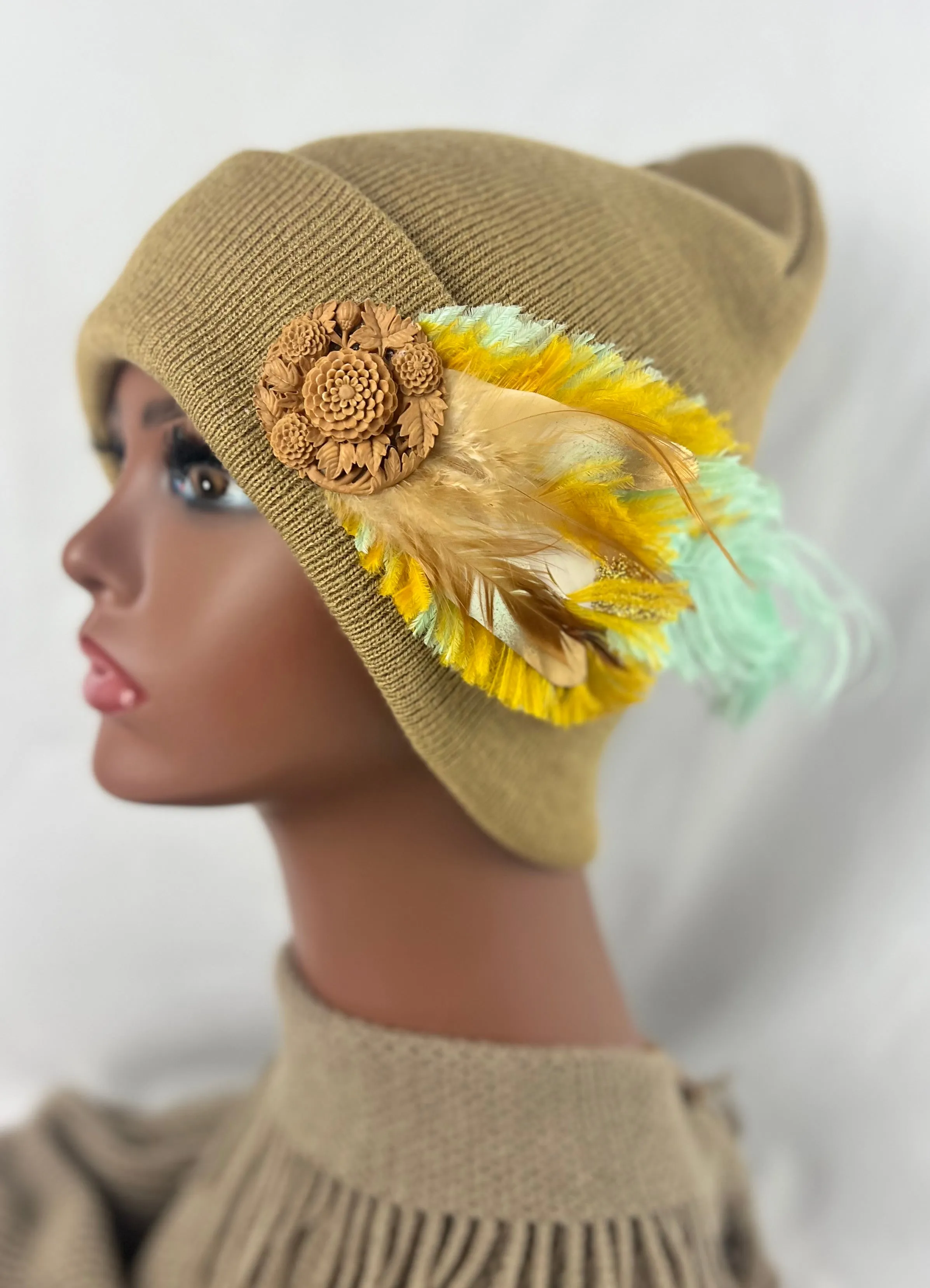 CAMEL COLLECTION - Embellished Feathered & Vintage Jeweled Knit Hats