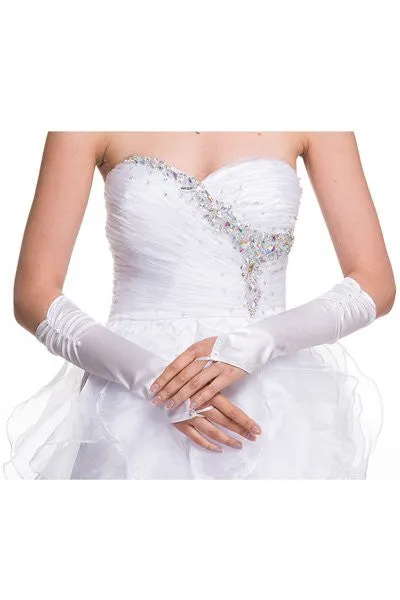 DeKlaire Bridal J012B Fingerless Mid Length Satin Gloves Rhinestone Detail