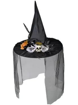 Deluxe Black Veiled Witch Hat with Skull and Flowers