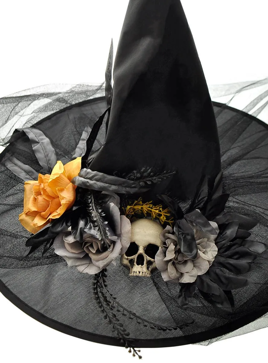 Deluxe Black Veiled Witch Hat with Skull and Flowers