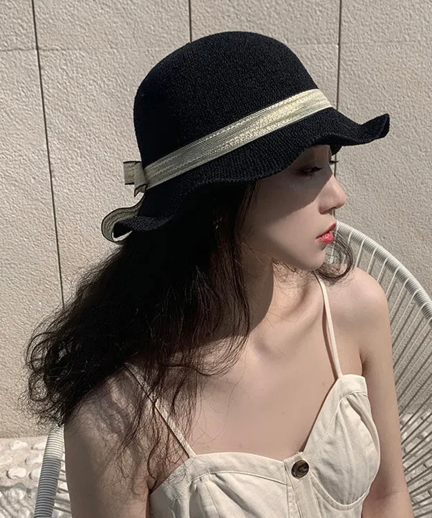 Elegant Black Ruffled Bow Straw Woven Floppy Sun Hat LY505