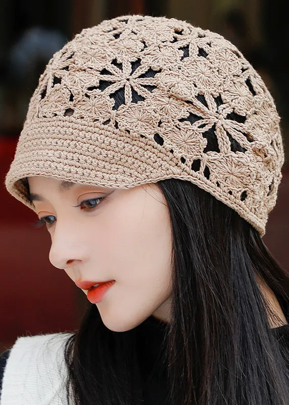 Elegant Spring And Autumn Coffee Hollow Knitted Short Eave Hat