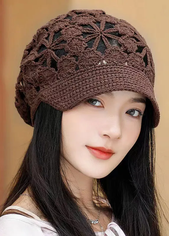 Elegant Spring And Autumn Coffee Hollow Knitted Short Eave Hat