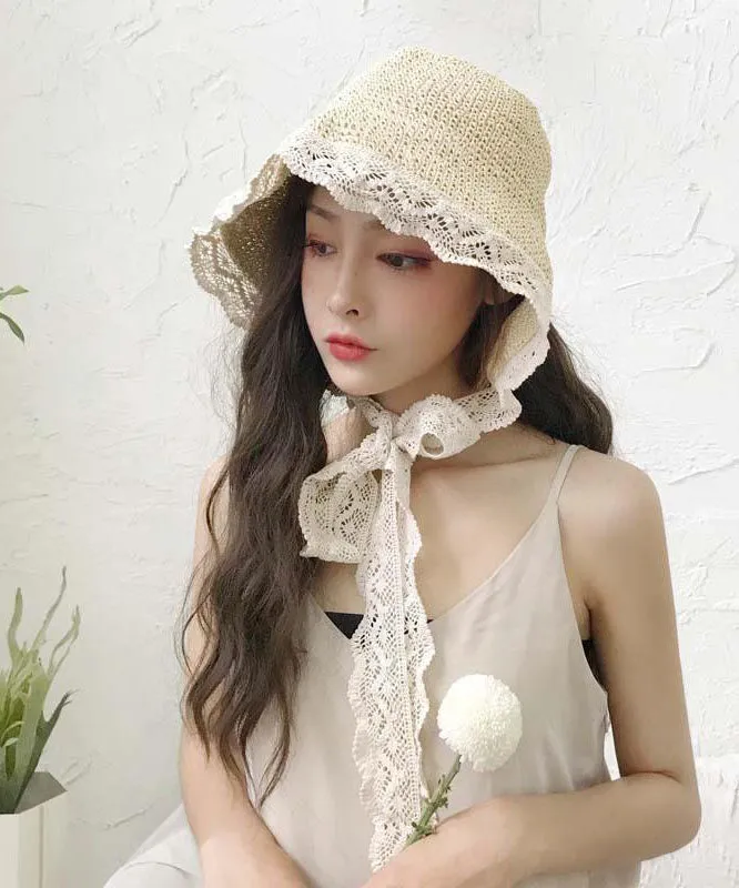 Elegant White Patchwork Lace Lace Up Straw Woven Floppy Sun Hat