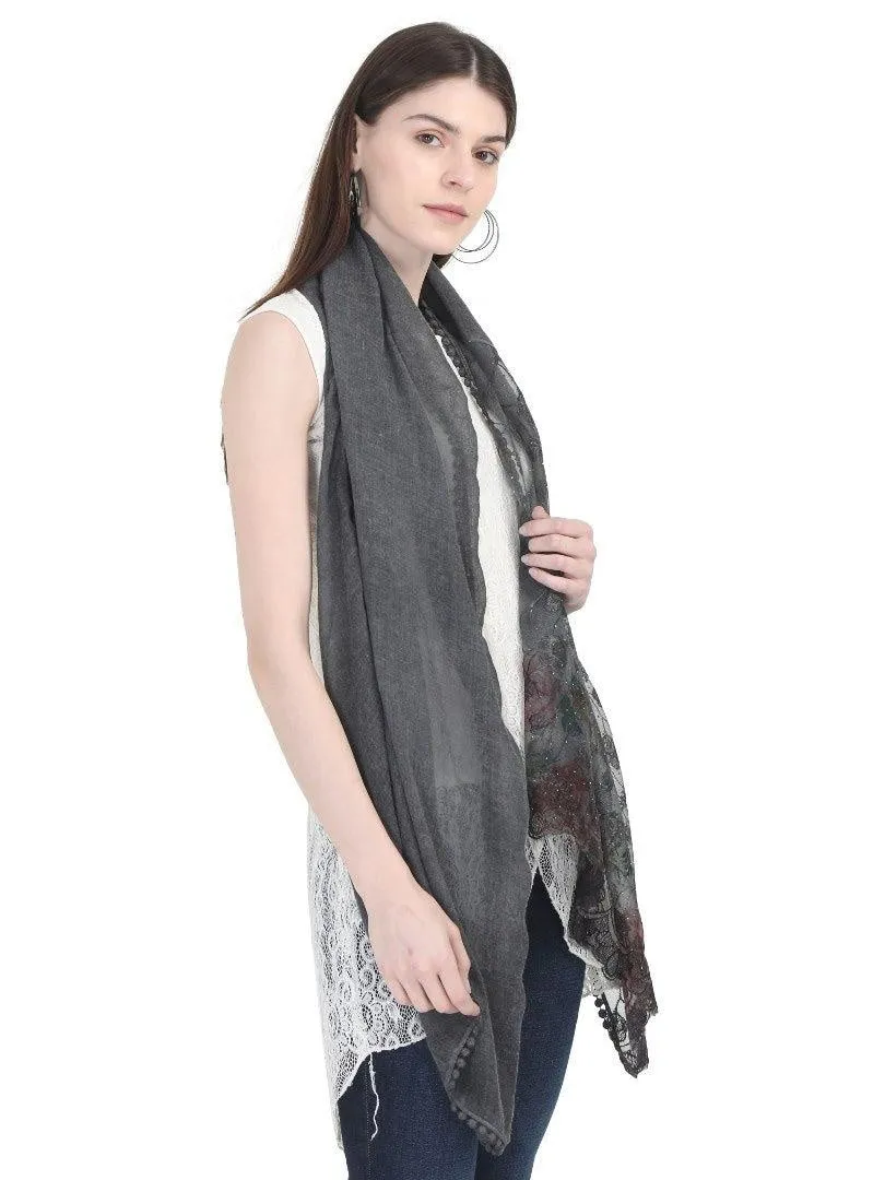 FabSeasons Black Cotton Stylish Scarf with Floral Embroidery for Women