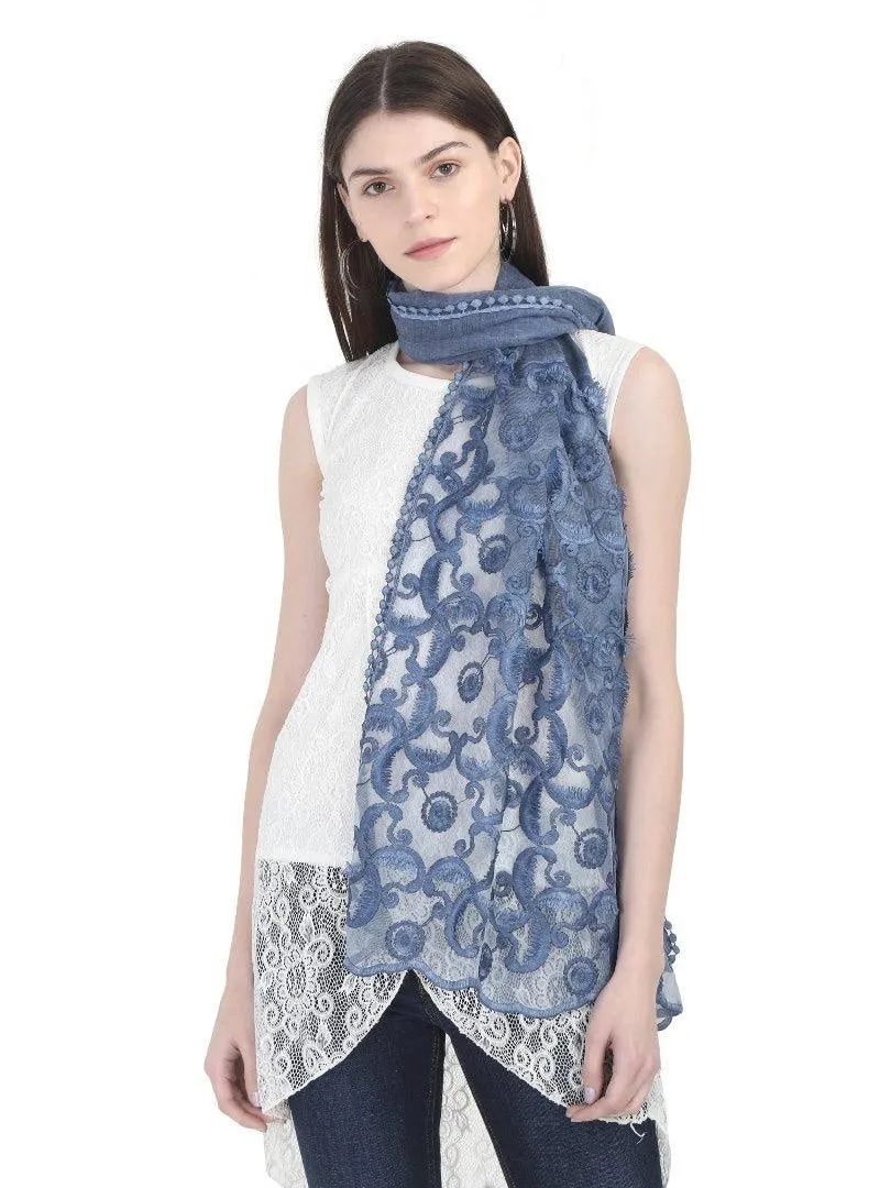 FabSeasons Blue Cotton Stylish Scarves with Embroidery for Women