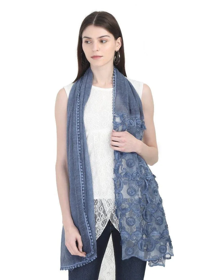 FabSeasons Blue Cotton Stylish Scarves with Embroidery for Women