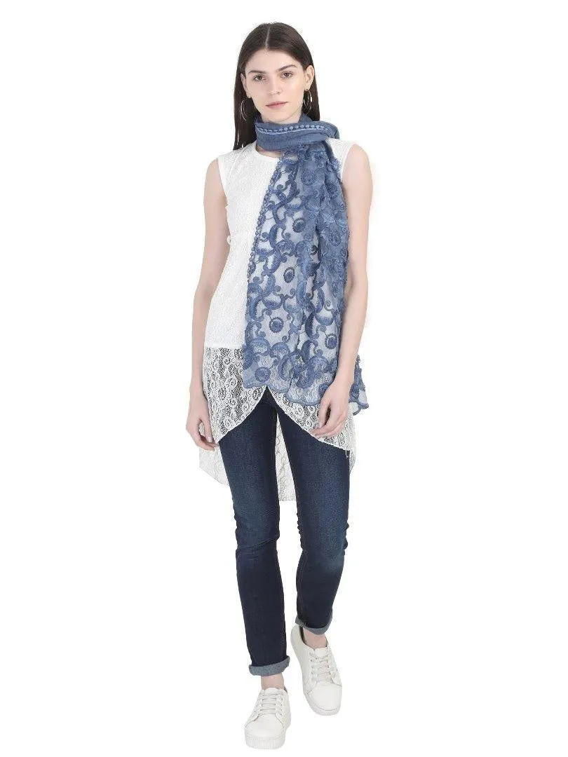 FabSeasons Blue Cotton Stylish Scarves with Embroidery for Women