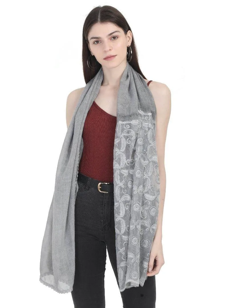 FabSeasons Grey Cotton Stylish Scarves with Embroidery for Women