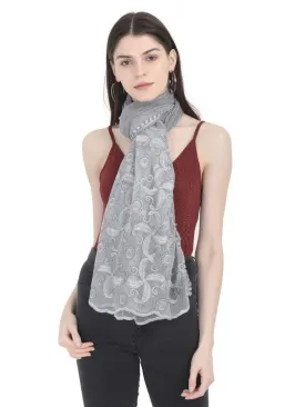 FabSeasons Grey Cotton Stylish Scarves with Embroidery for Women