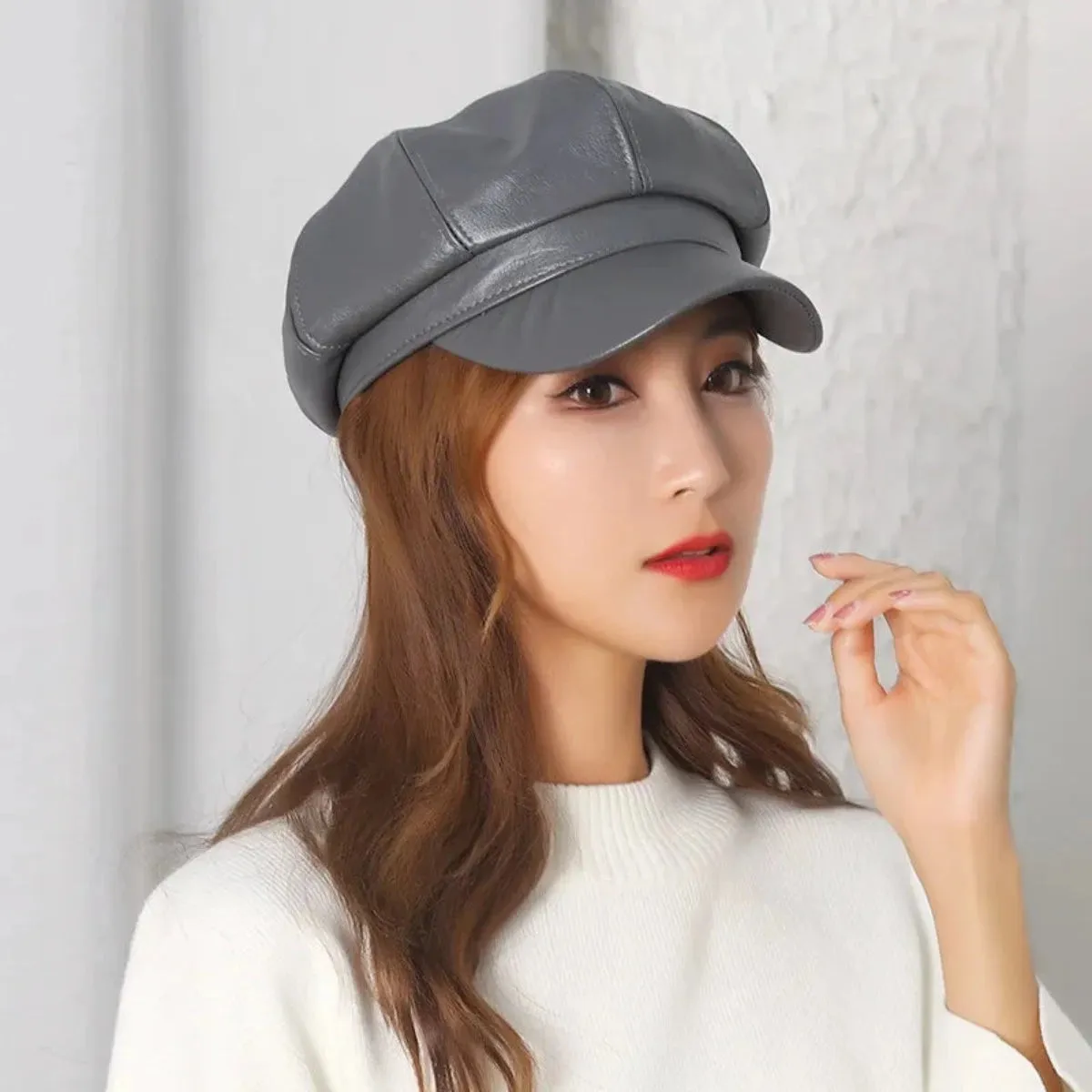 Faux Leather Adjustable Beret Cap