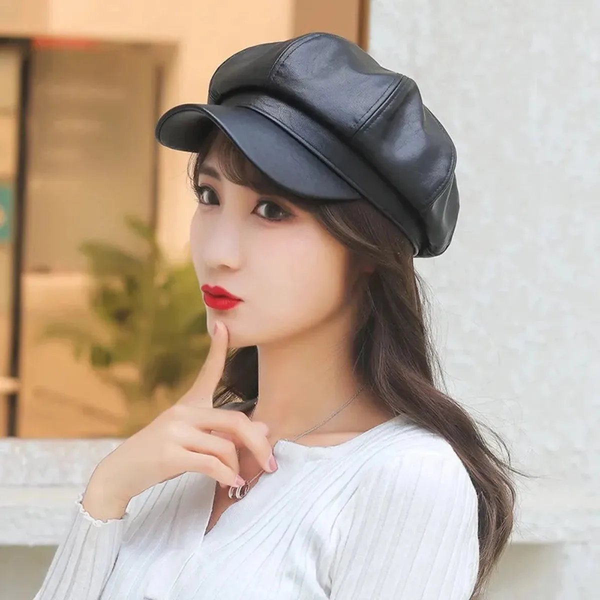 Faux Leather Adjustable Beret Cap