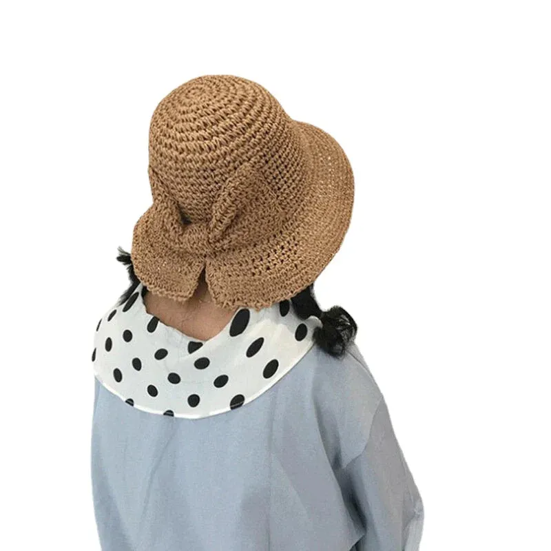 Female Foldable Bowknot Decoration Casual Breathable Small Brim Sunscreen Sun Hat Straw Hat Bucket Hat