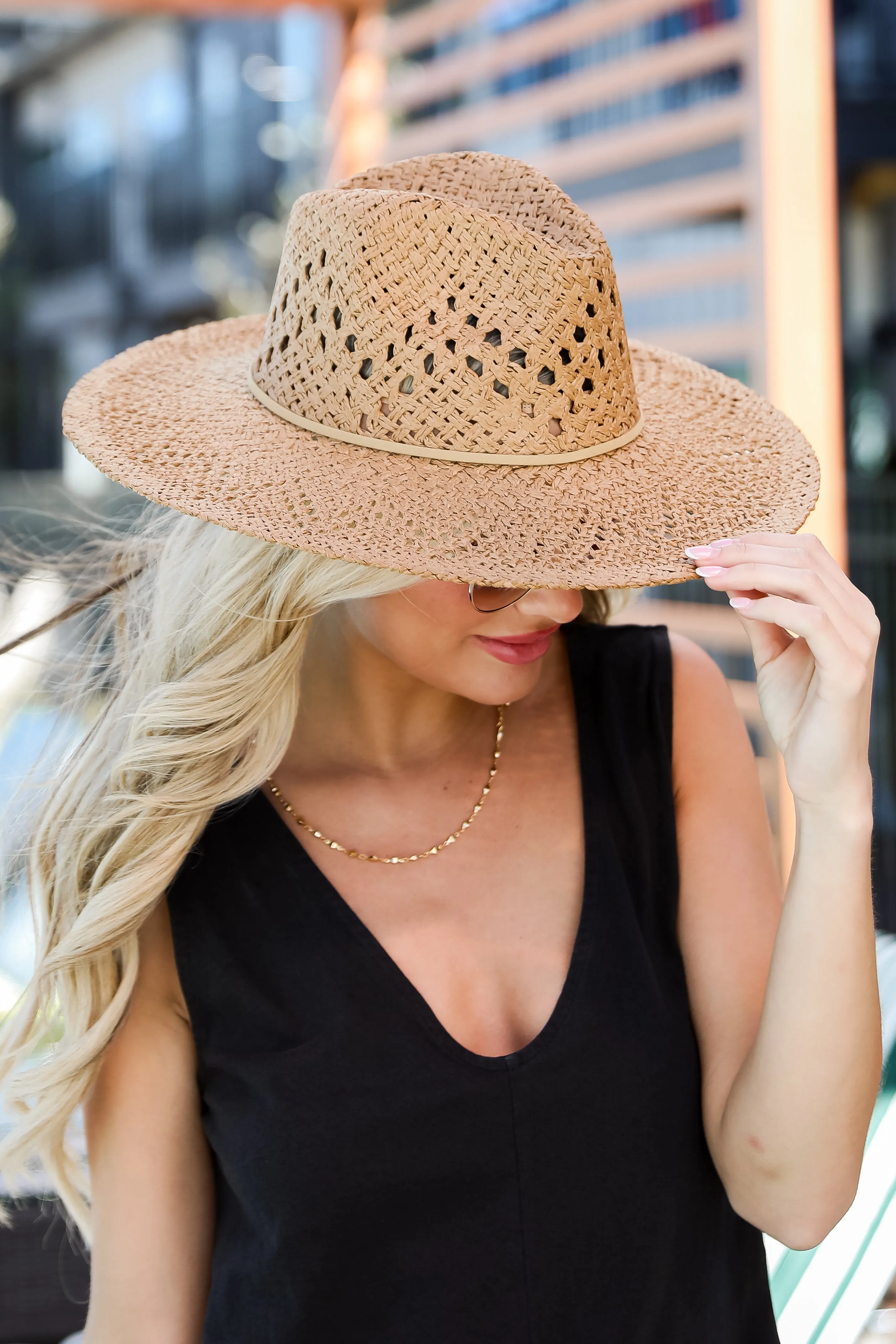 FINAL SALE - Weekend Breezes Khaki Straw Fedora Wide Brim Hat - DU DEAL