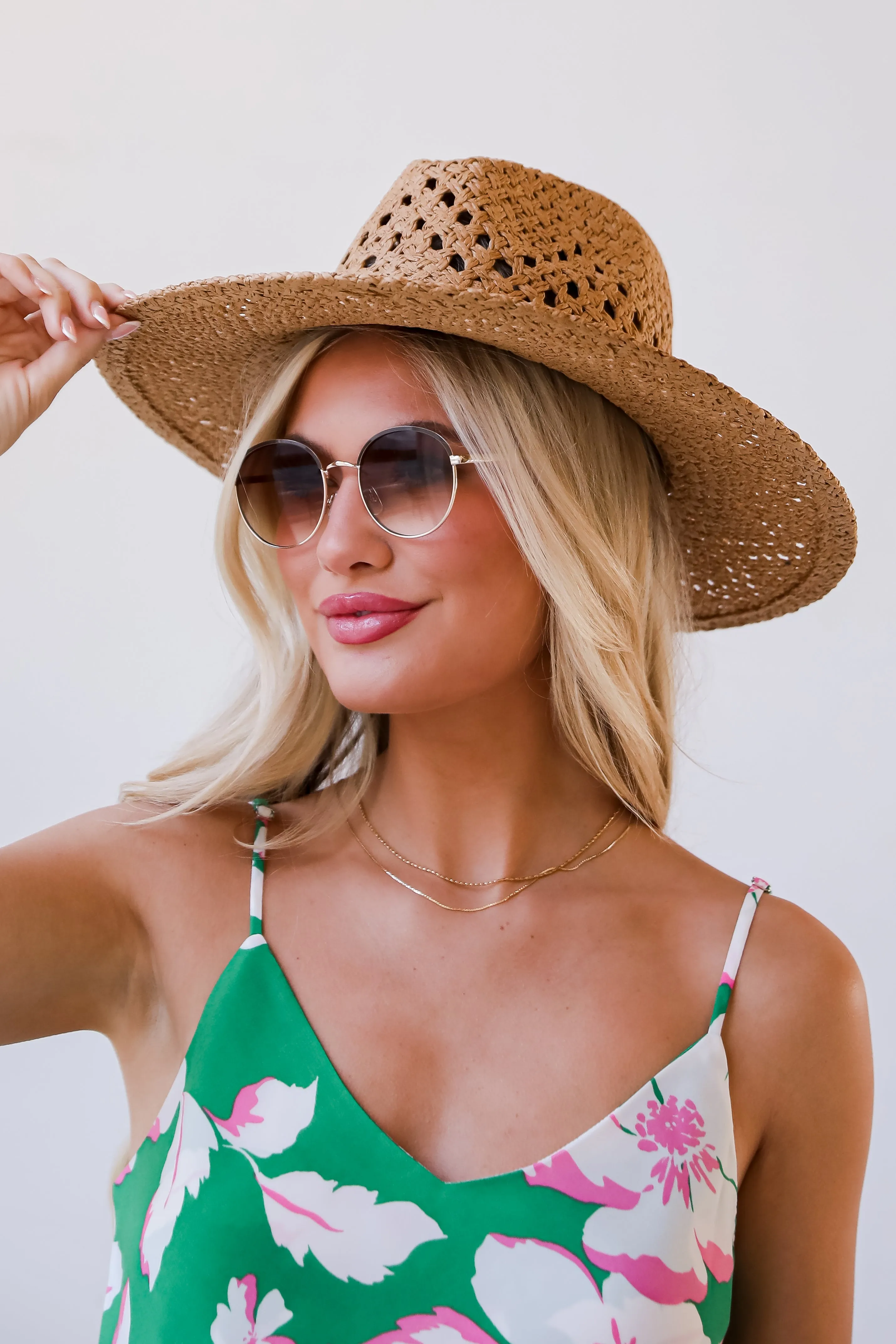 FINAL SALE - Weekend Breezes Khaki Straw Fedora Wide Brim Hat - DU DEAL