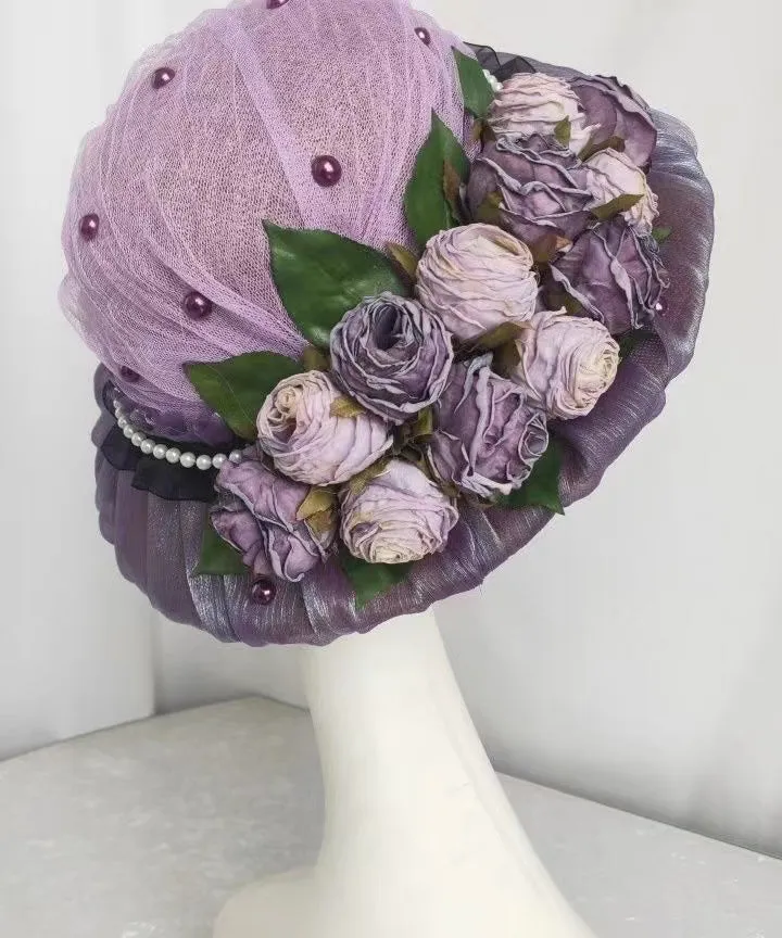 French Elegant Purple Lace Flower Bucket Hat YU1015