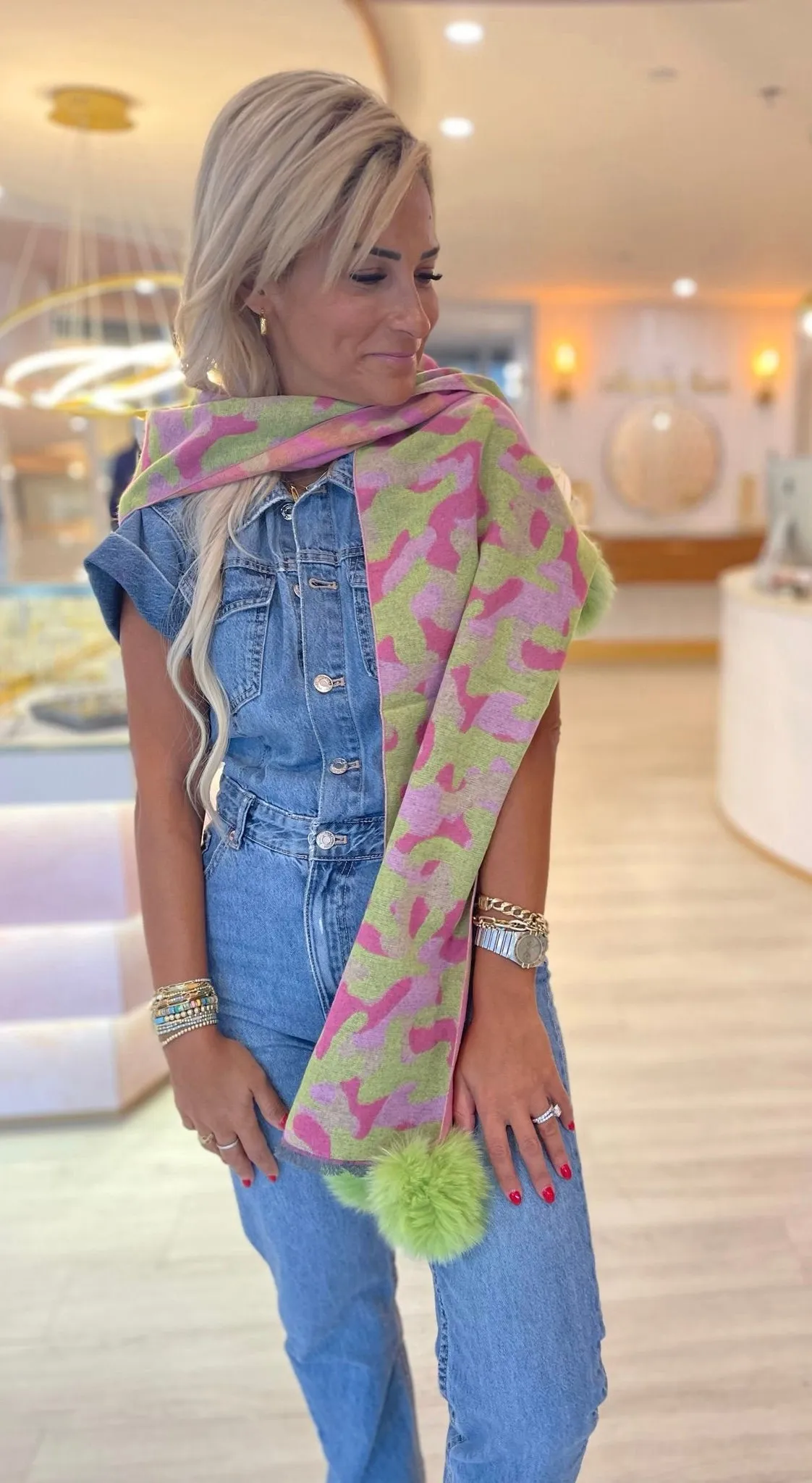 Green & Pink Camo Pom Pom Scarf