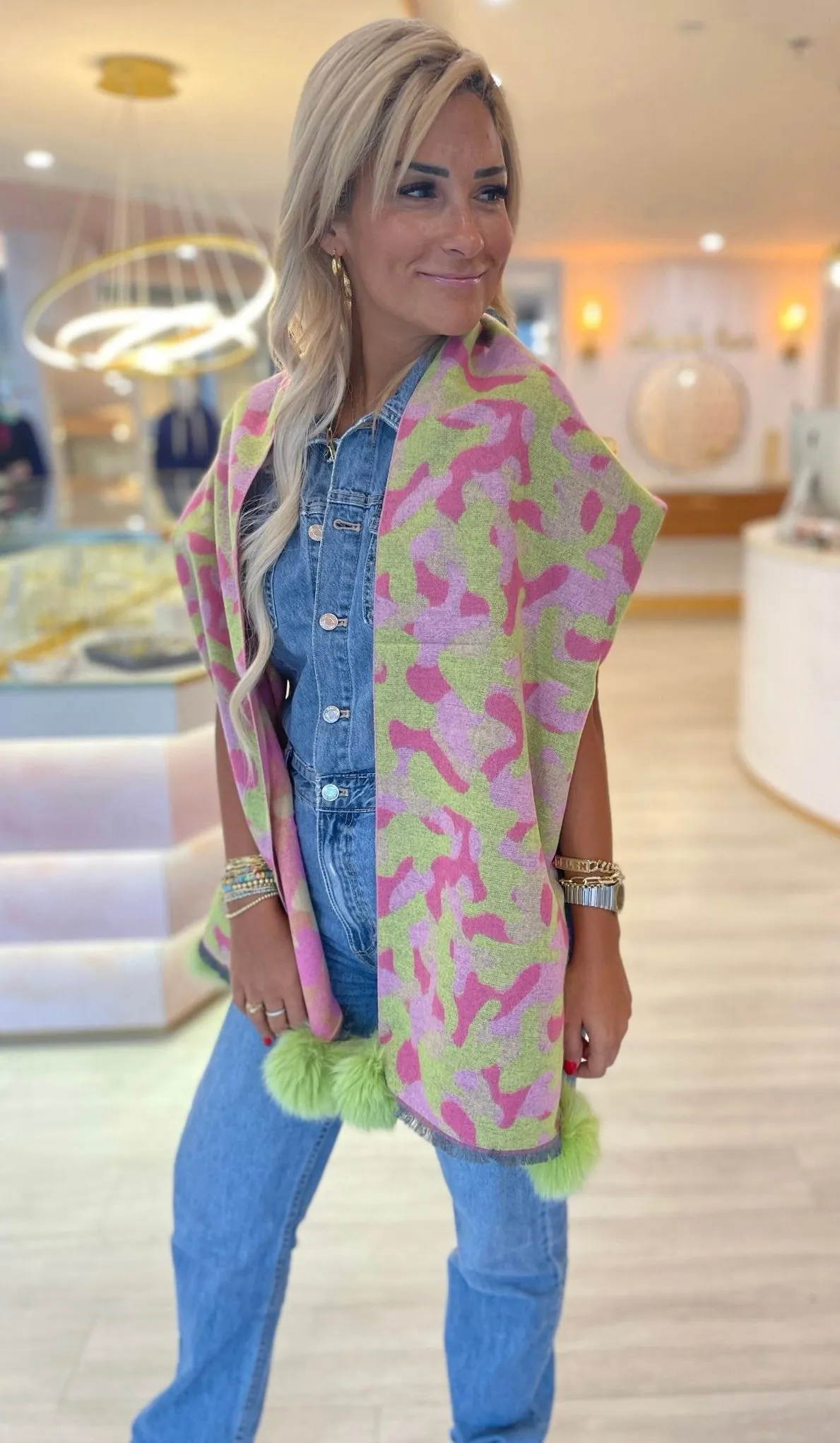 Green & Pink Camo Pom Pom Scarf